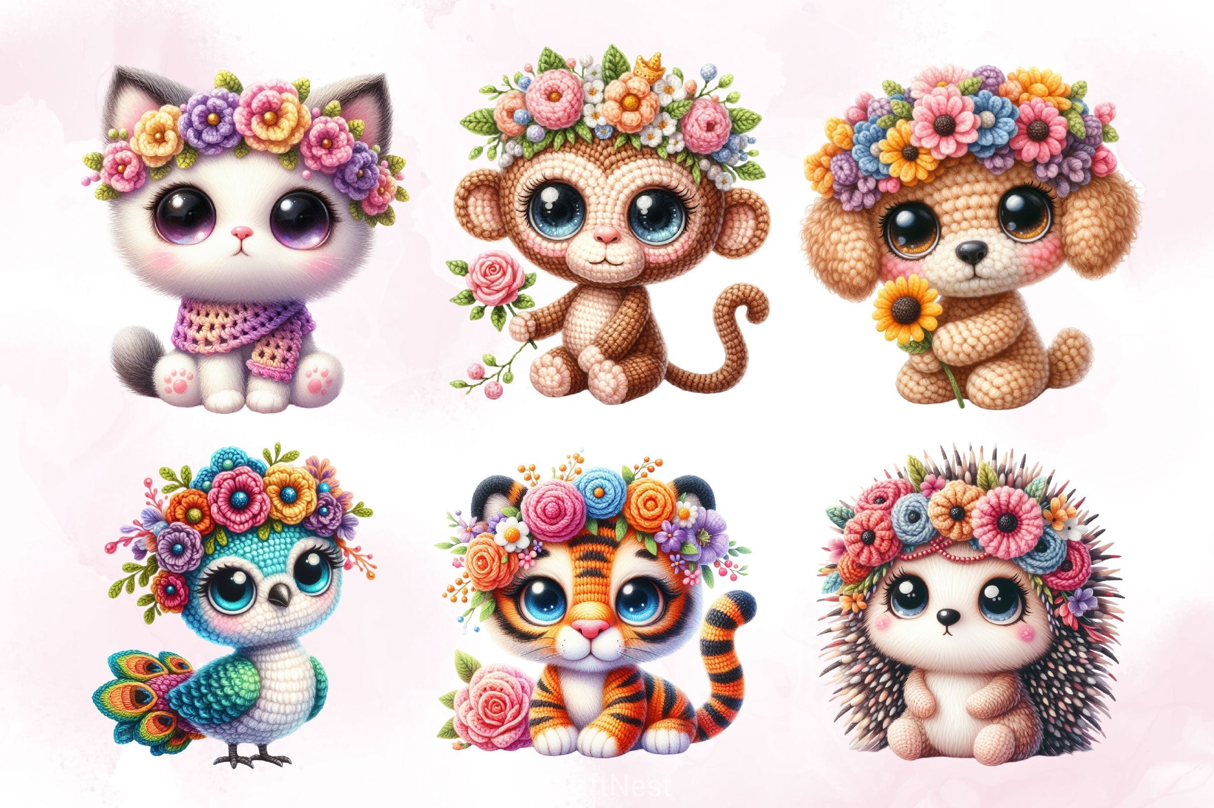 Crochet Animals And Flower Clipart Bundle
