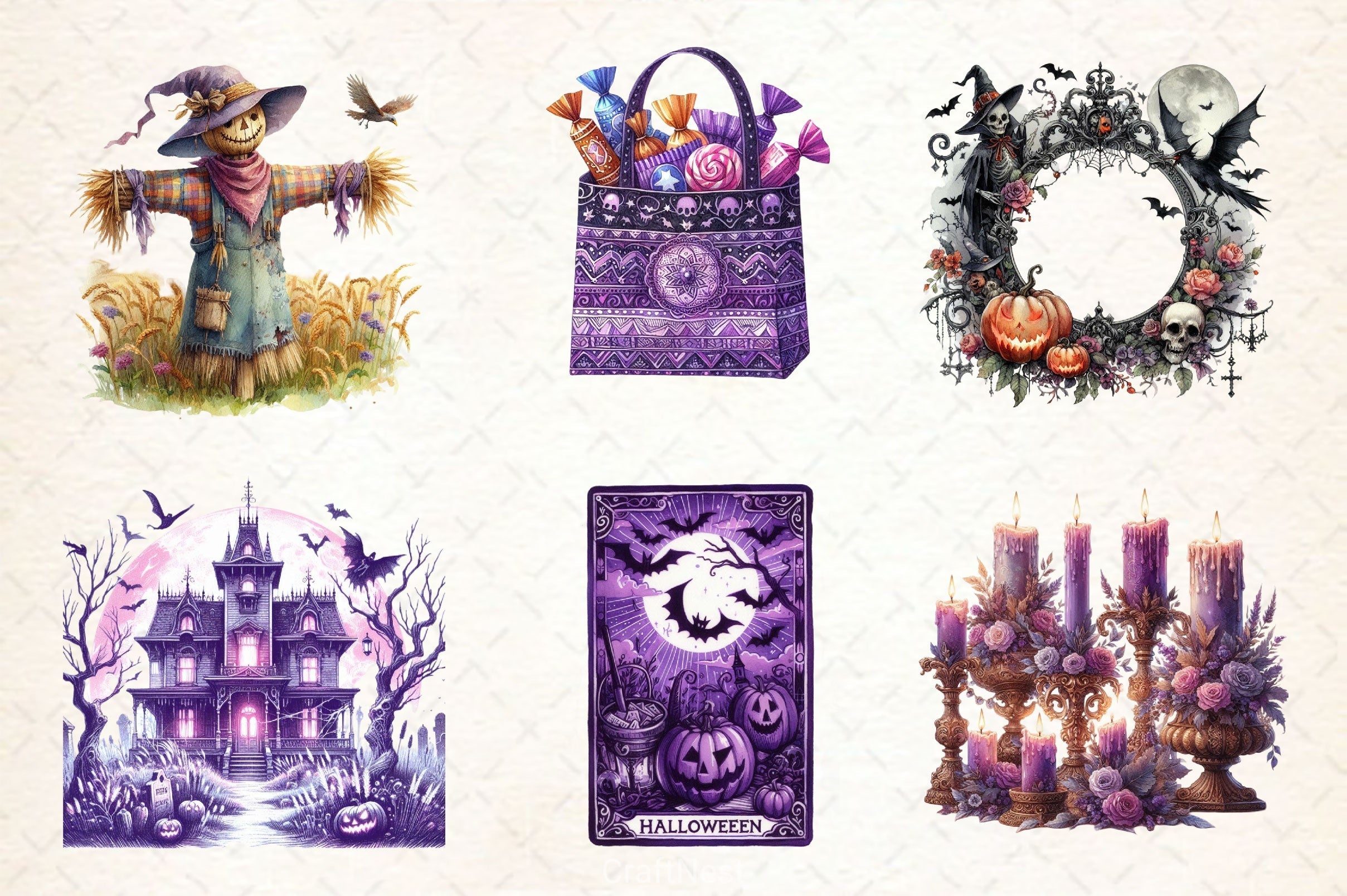 Antique Purple Halloween Set Clipart Bundle
