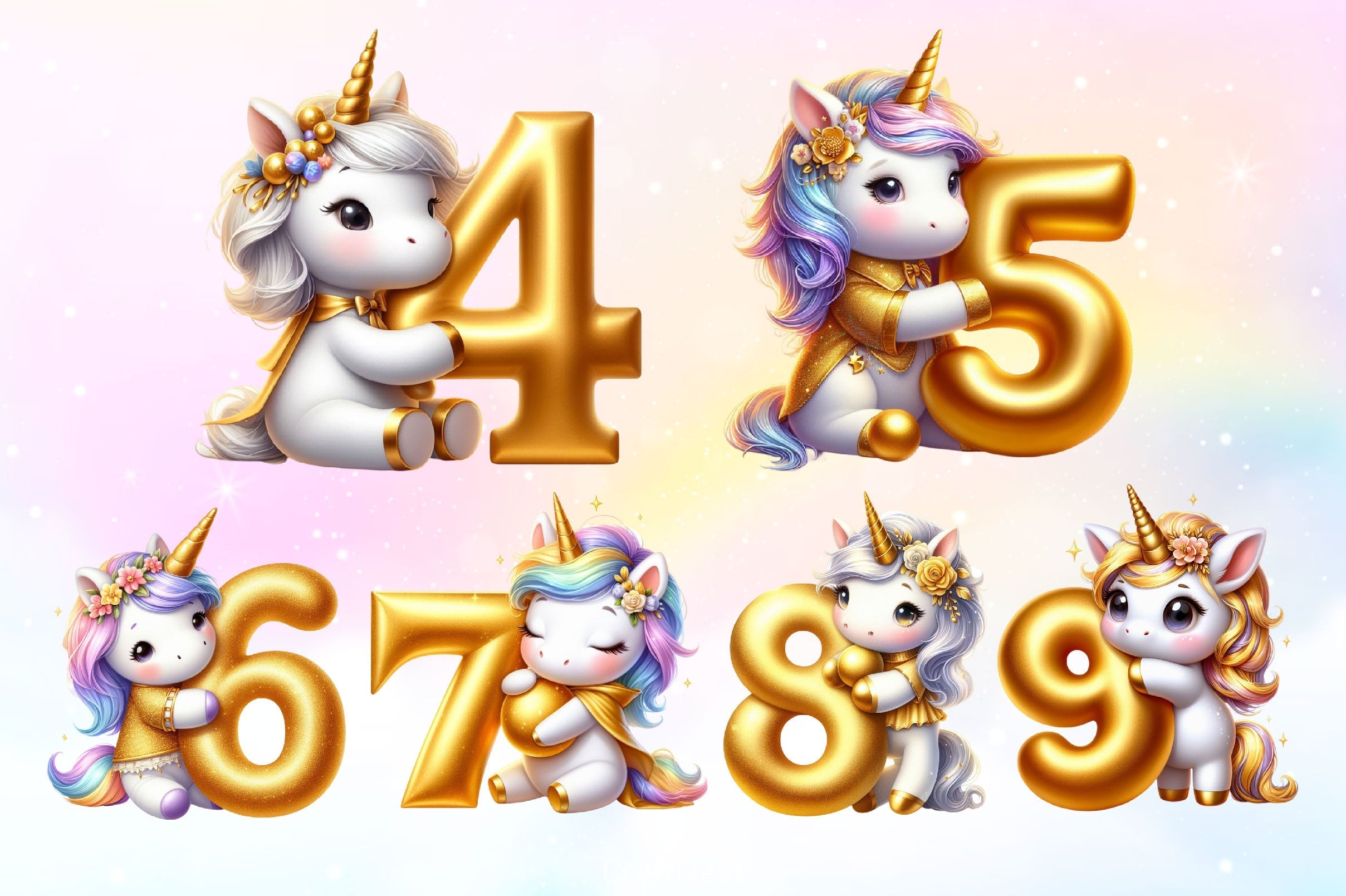Cute Unicorn Gold Alphabet Clipart Bundle