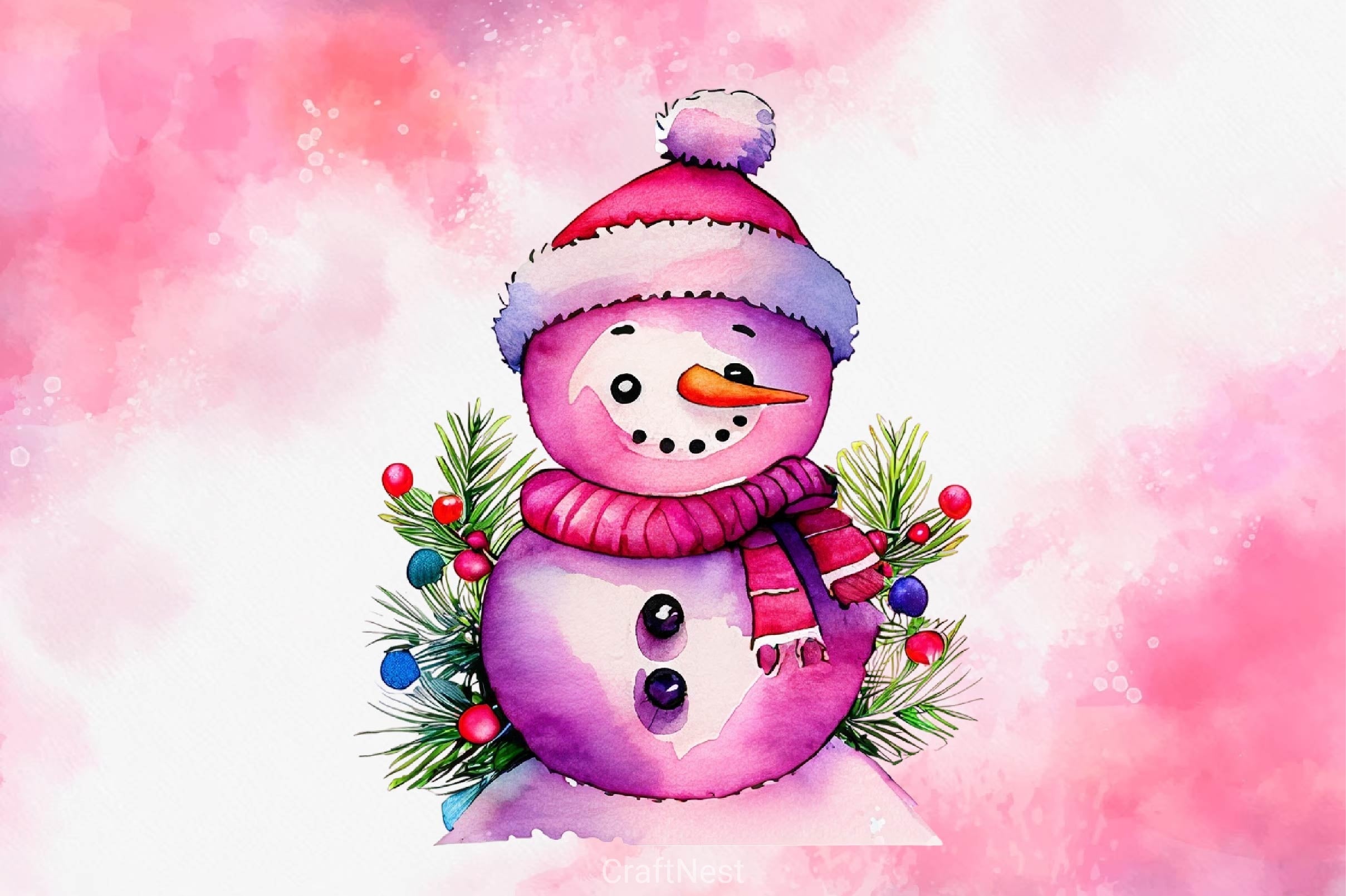 Cute Pink Color Snowman Christmas Clipart Bundle