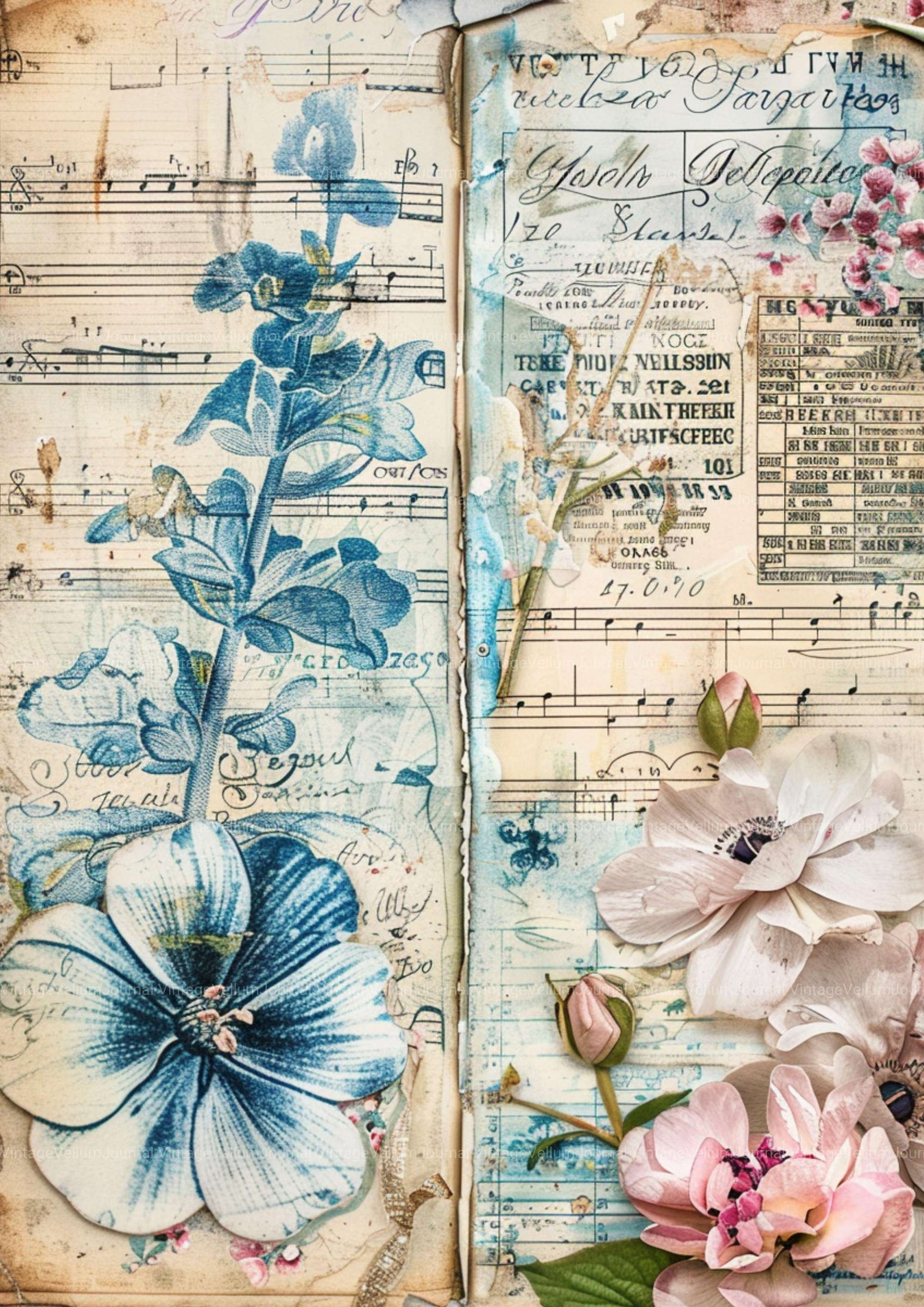 Blue Floral Junk Journal Pages - CraftNest - Digital Crafting and Art