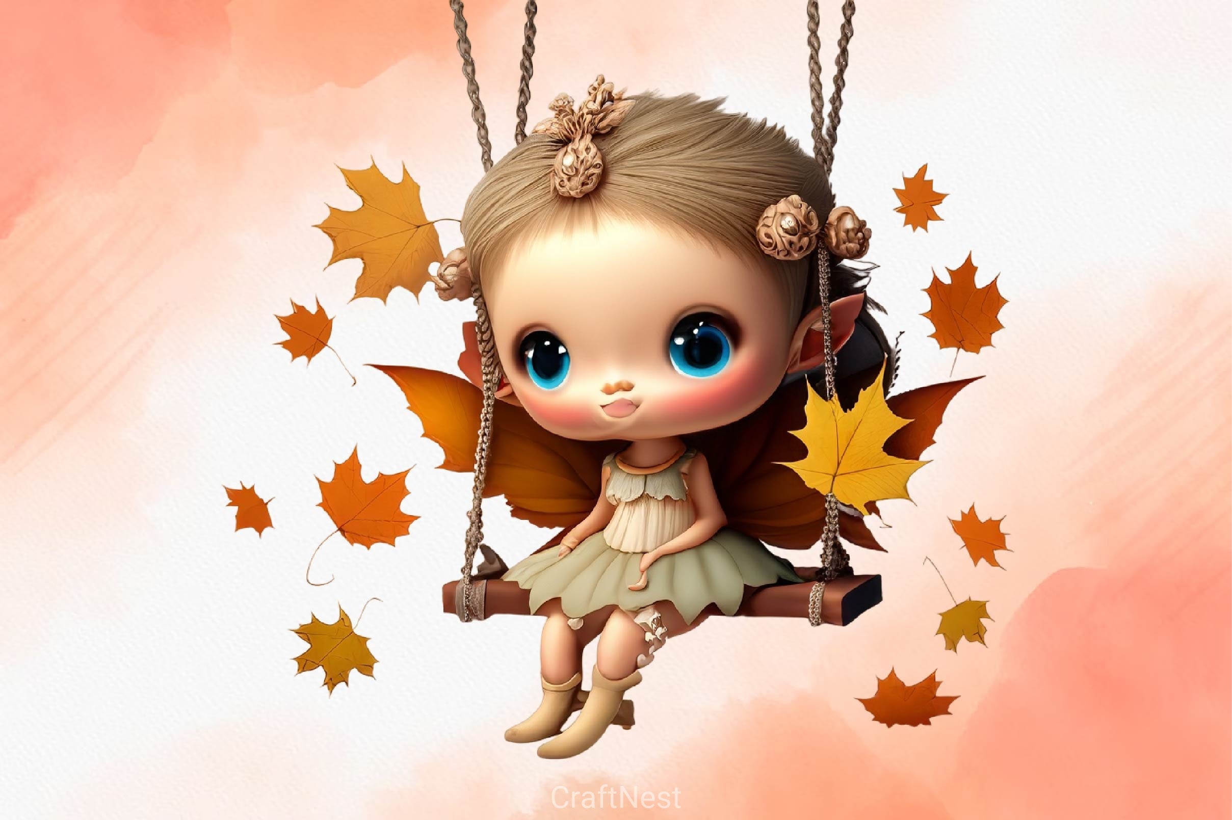 Pink Cute Autumn Fairy With Swing Clipart Bundle