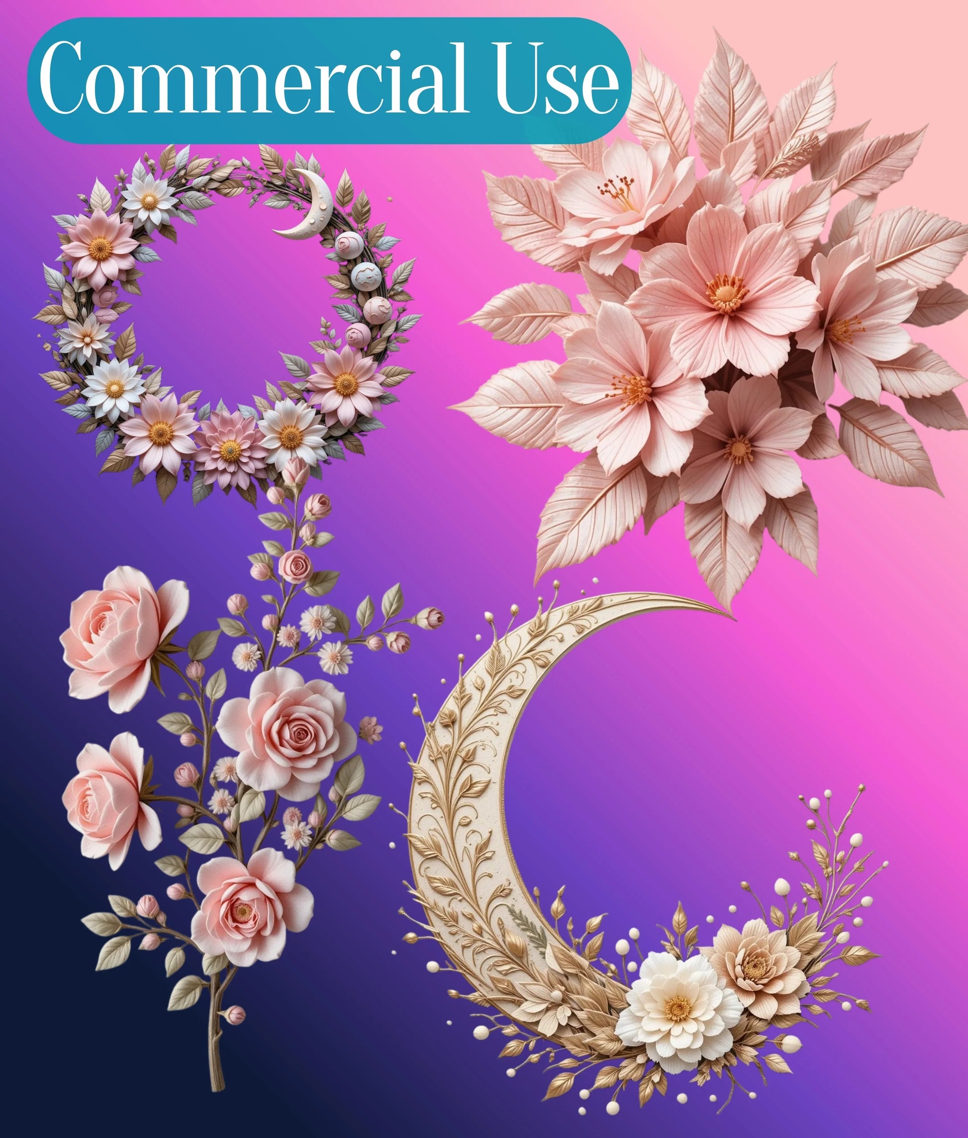 3D Ethereal Celestial Flowers Clipart Bundle - CraftNest - Digital Crafting and Art