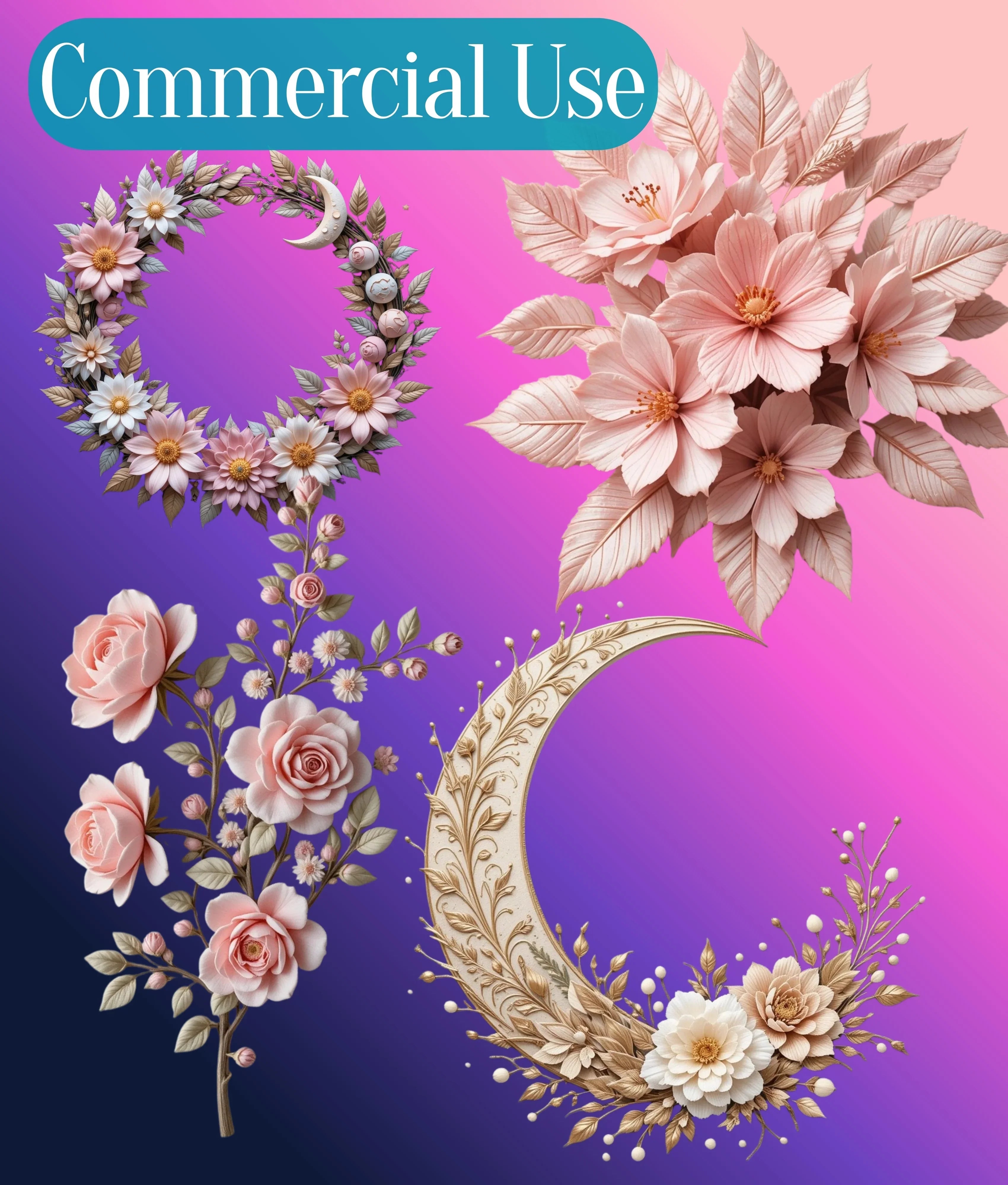 3D Ethereal Celestial Flowers Clipart Bundle - CraftNest - Digital Crafting and Art