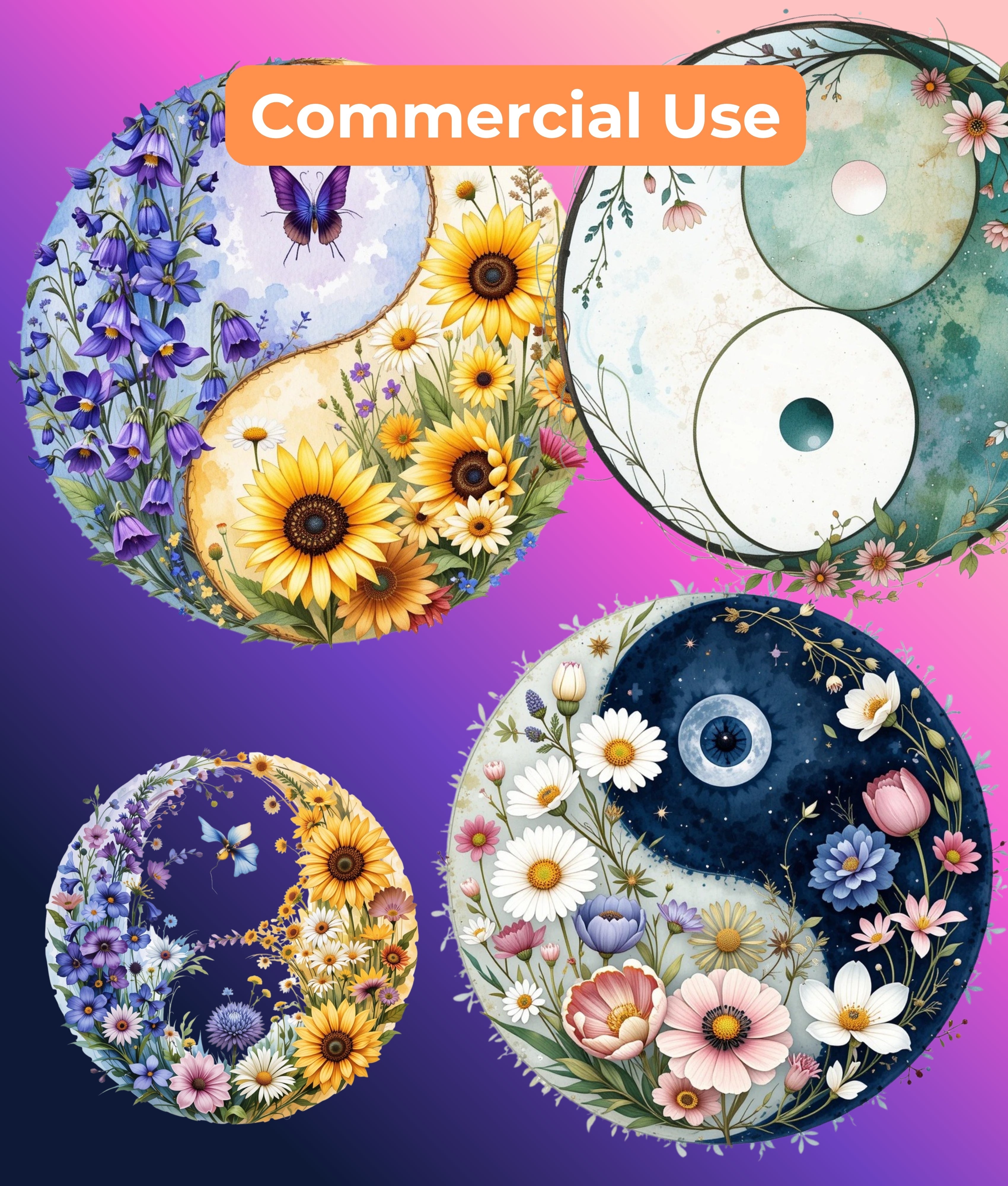 Wildflower Yin Yang Clipart Bundle