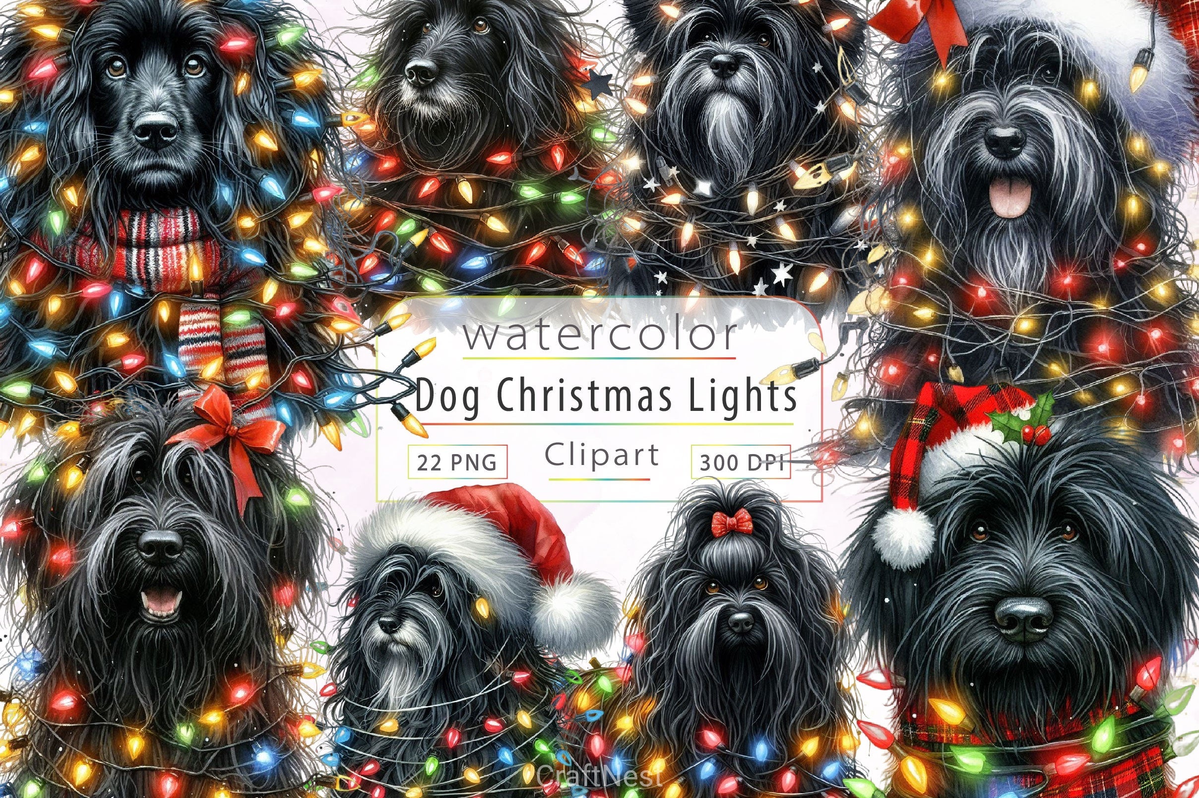 Dog Wrapped In Christmas Lights Clipart Bundle 2