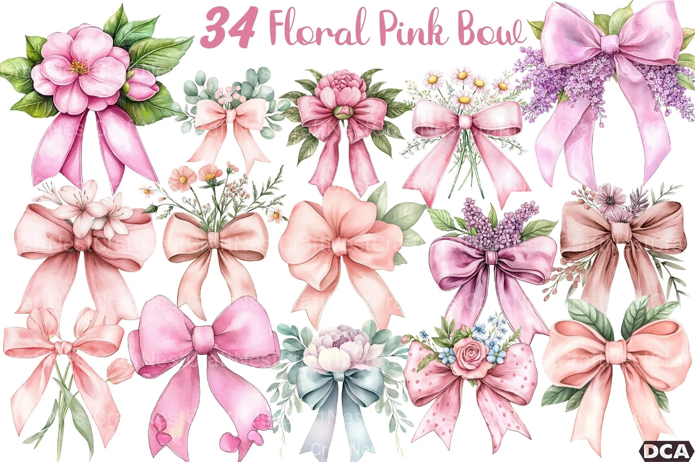 Floral Pink Bow Clipart Bundle - CraftNest - Digital Crafting and Art