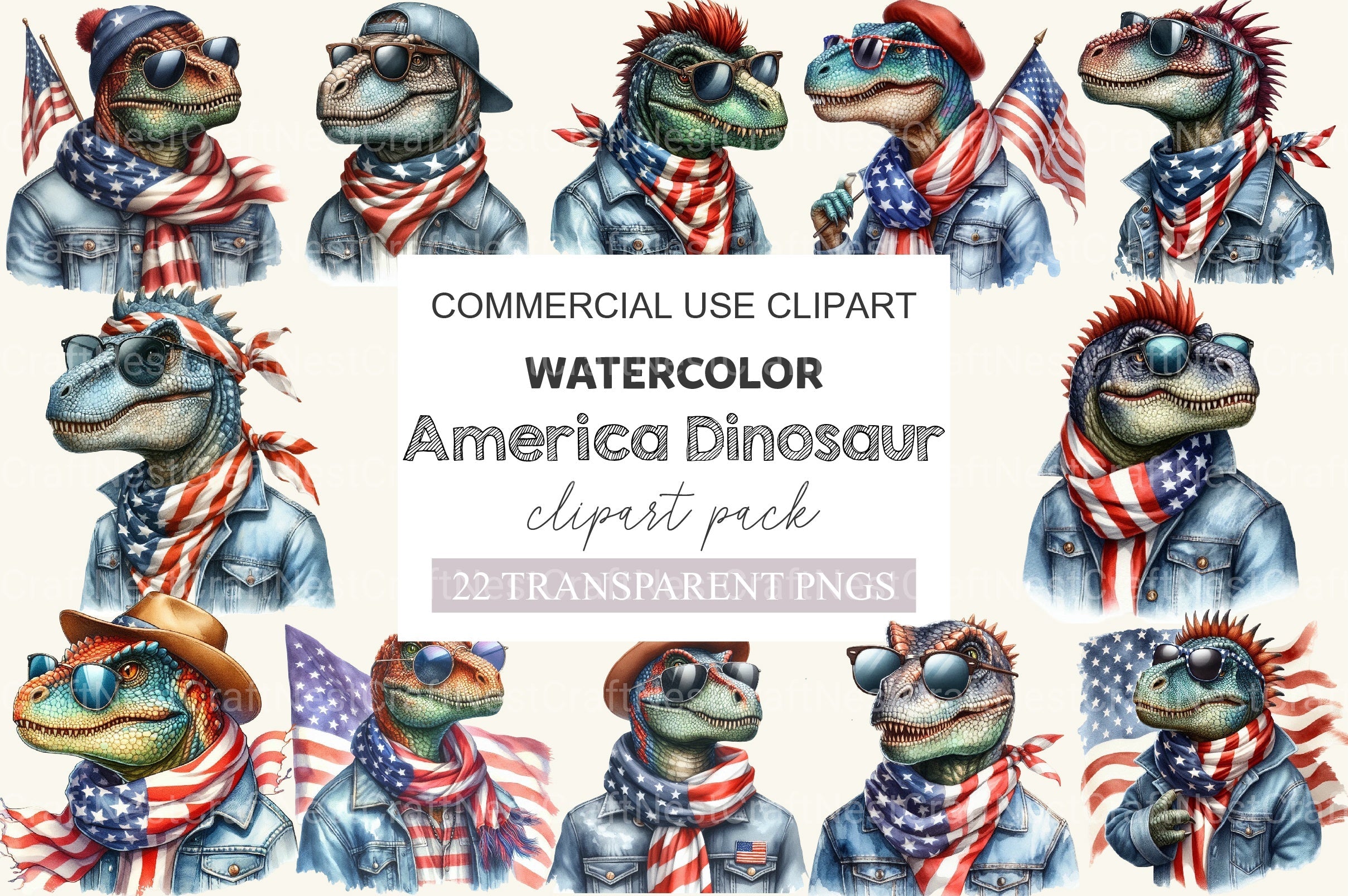 America Dinosaur 4th Of July Clipart Bundle