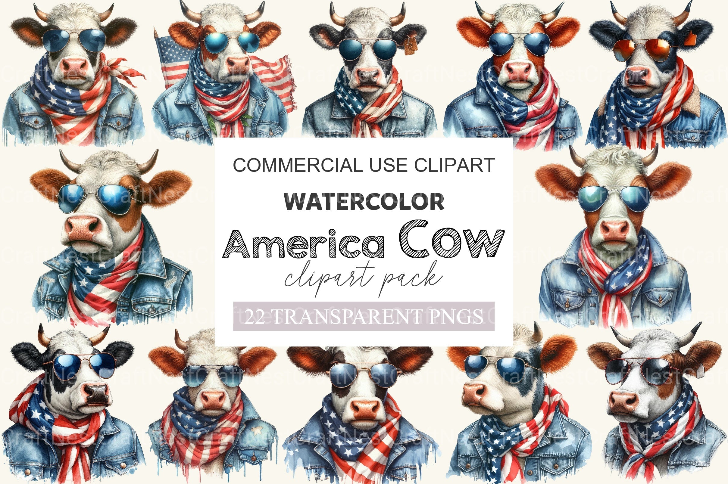 America Highland Cow 4th Of July Clipart Bundle