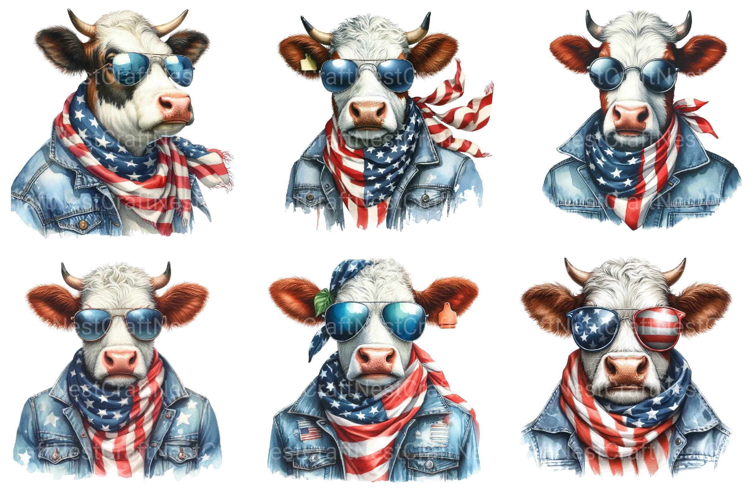 America Highland Cow 4th Of July Clipart Bundle