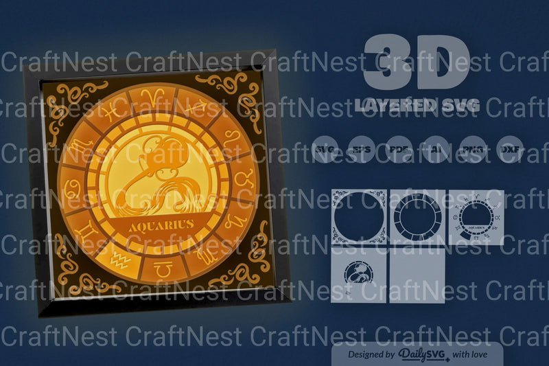 Aquarius Zodiac 3D Shadow Box Papercut SVG Bundle - CraftNest - Digital Crafting and Art