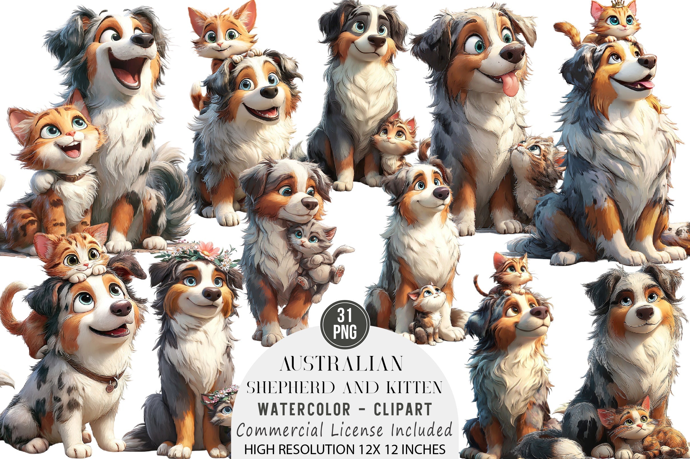 Australian Shepherd and Kitten Clipart Bundle