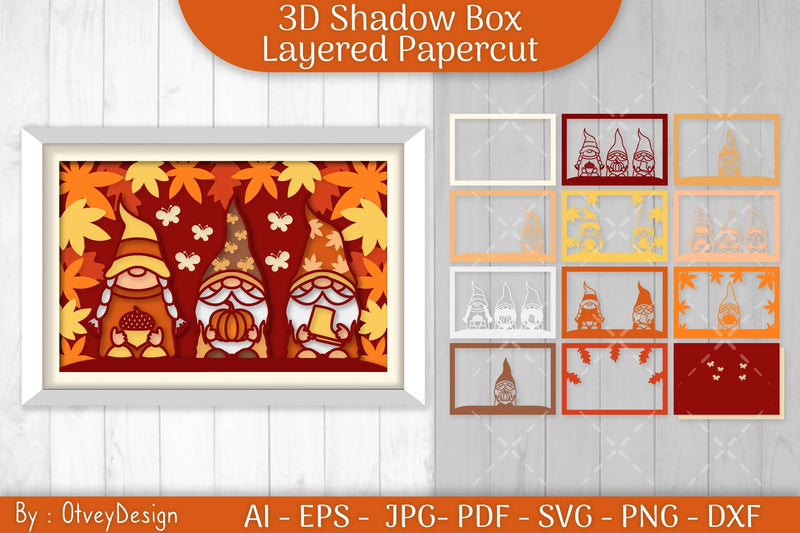 Autumn Gnome 3D Shadowbox Papercut SVG Bundle - CraftNest - Digital Crafting and Art