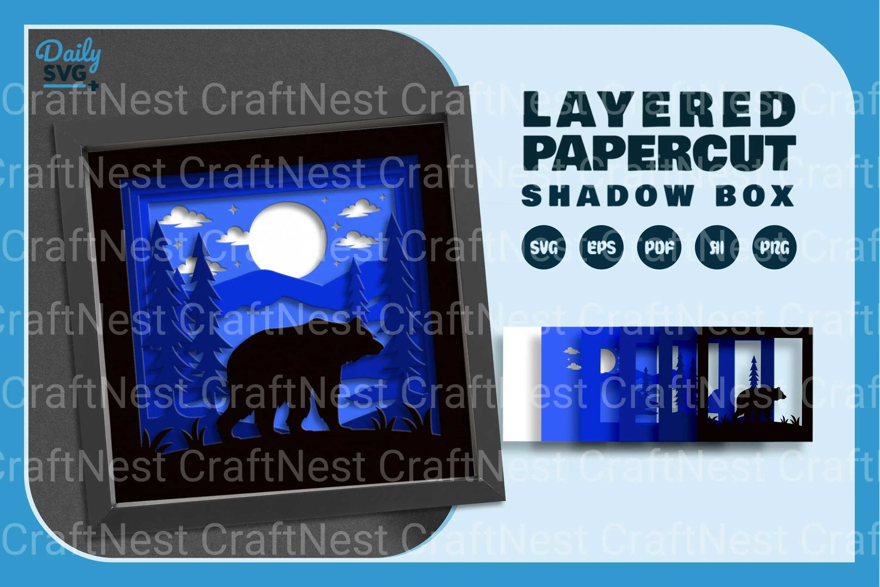 Bear in Night Forest Papercut SVG Bundle