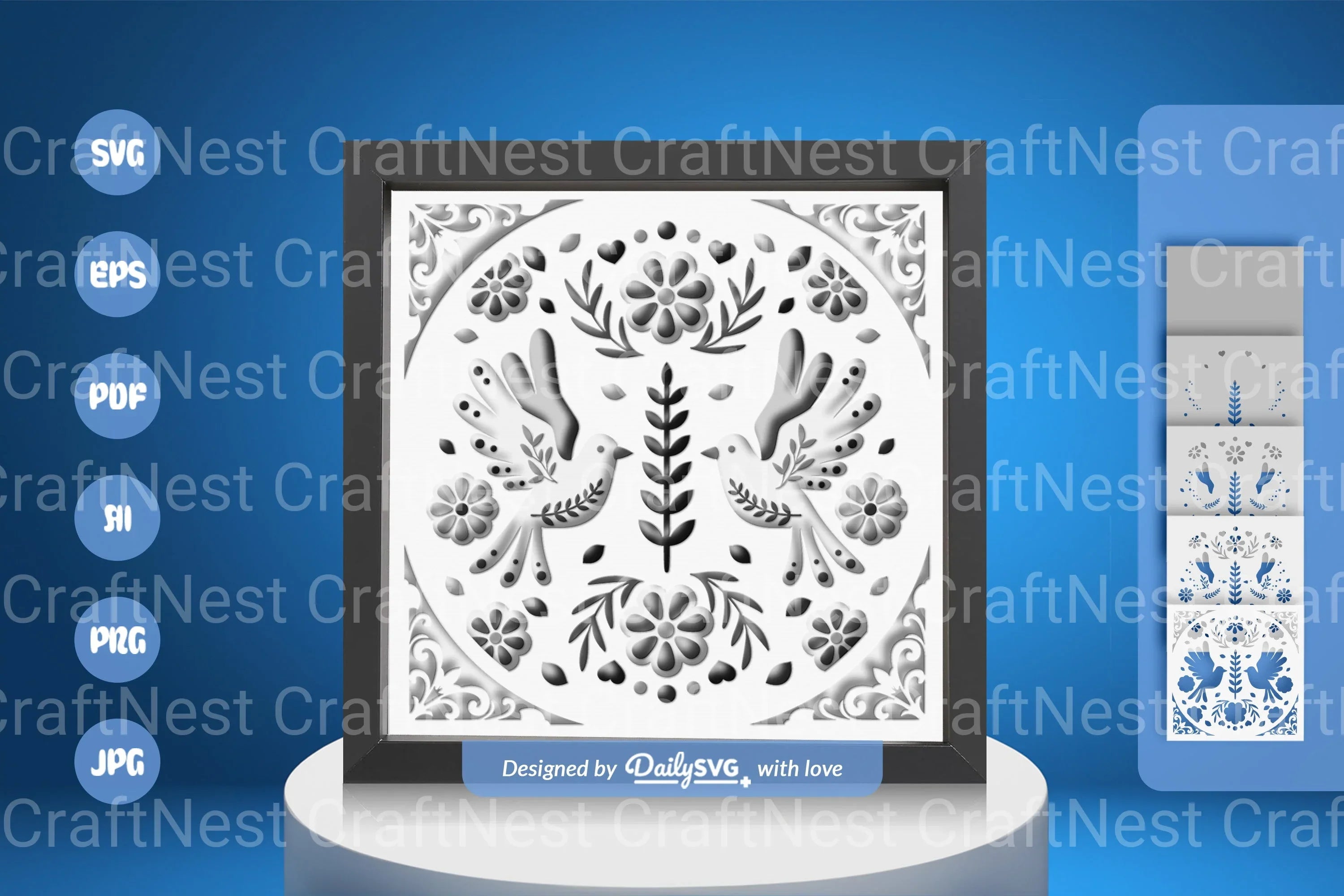 Bird Floral Folk Art White Papercut SVG Bundle