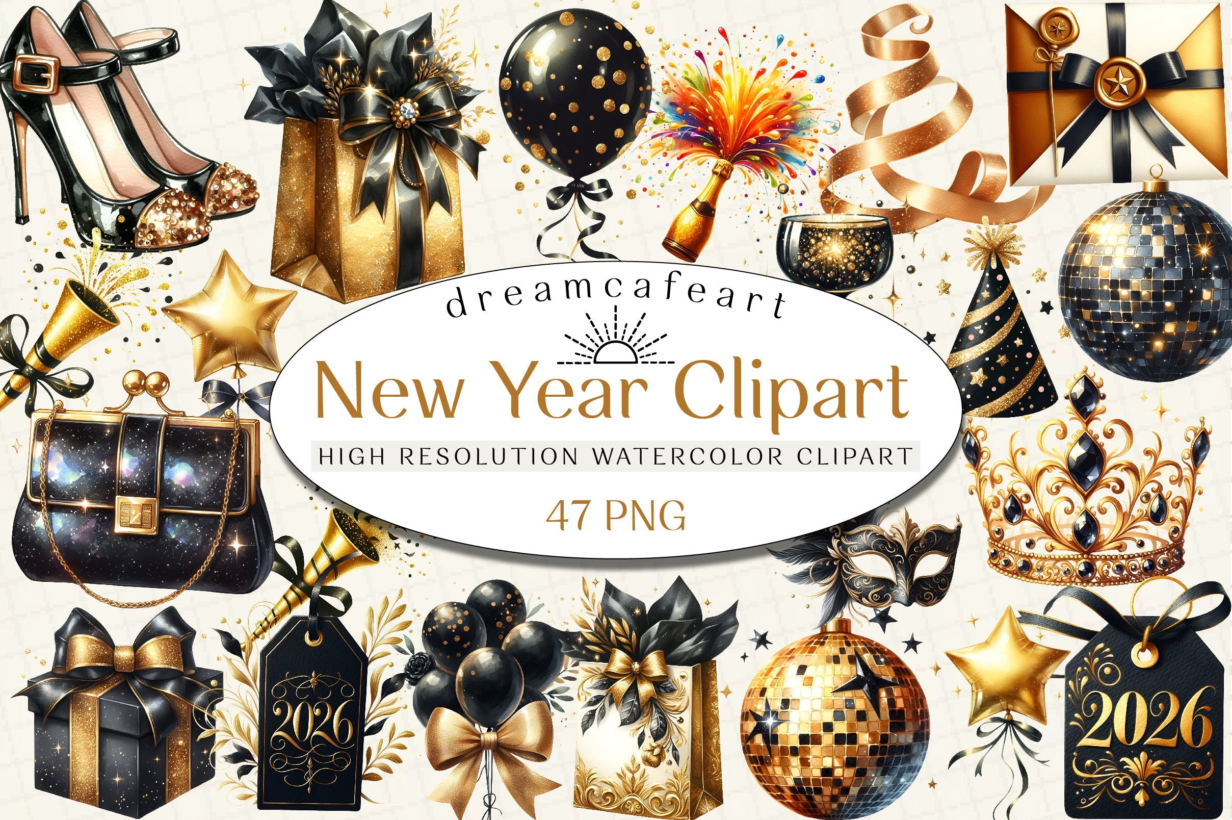 Black & Gold New Year Clipart Bundle