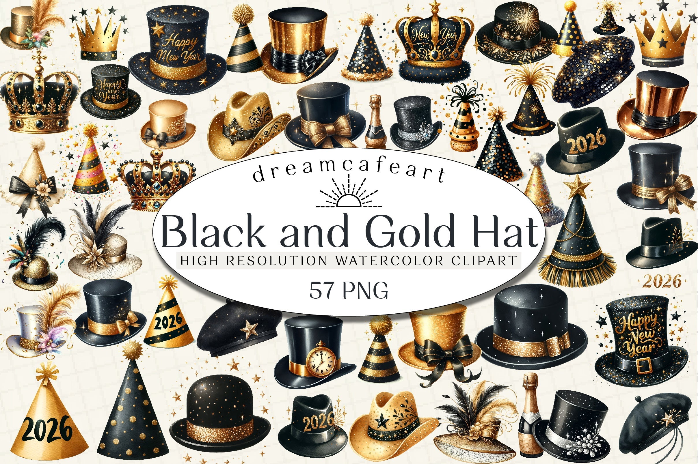 Black Gold New Year Hat Clipart Bundle