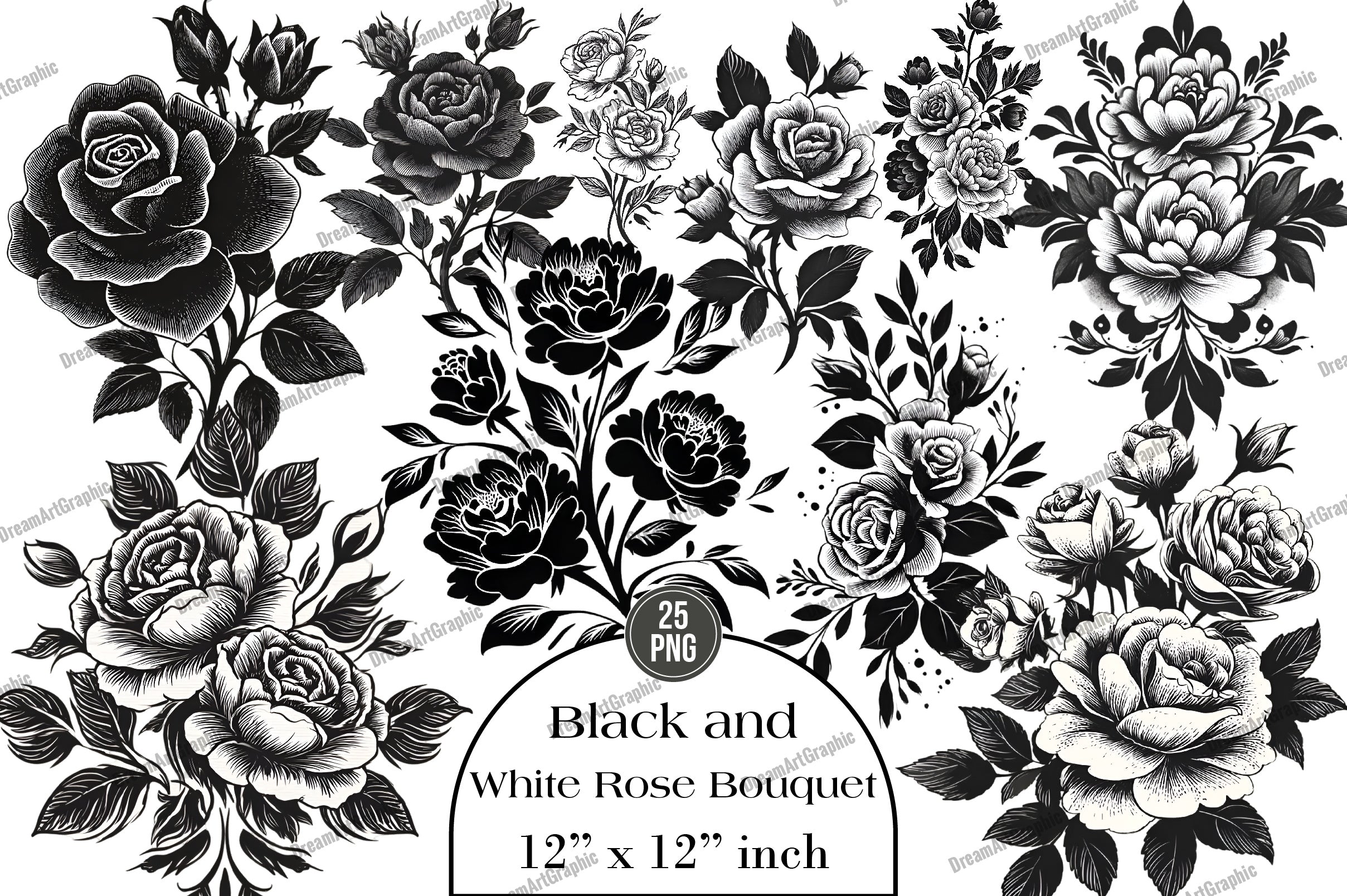 Black and White Rose Bouquet Clipart Bundle