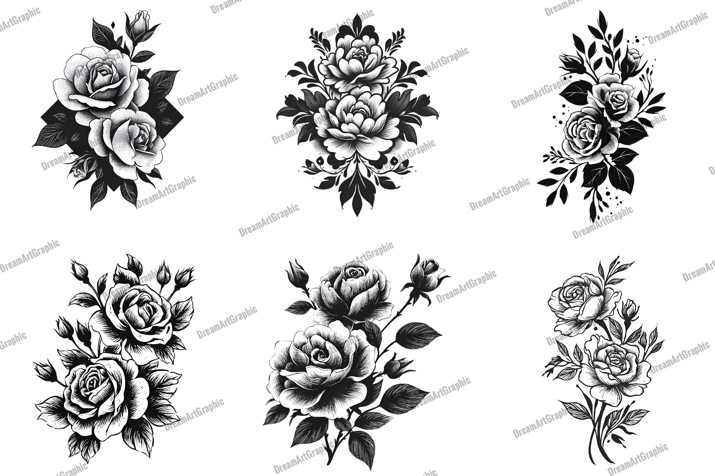 Black and White Rose Bouquet Clipart Bundle