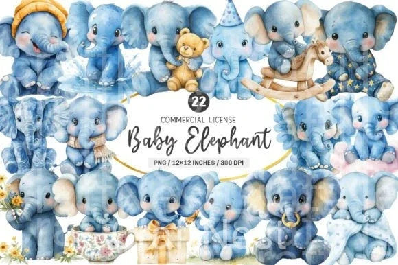 Blue Baby Elephant Clipart Bundle - CraftNest - Digital Crafting and Art