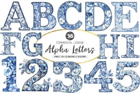 Blue Chinoiserie Alpha Letters Clipart Bundle - CraftNest - Digital Crafting and Art