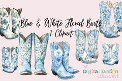 Blue & White Floral Western Boots Clipart Bundle - CraftNest - Digital Crafting and Art