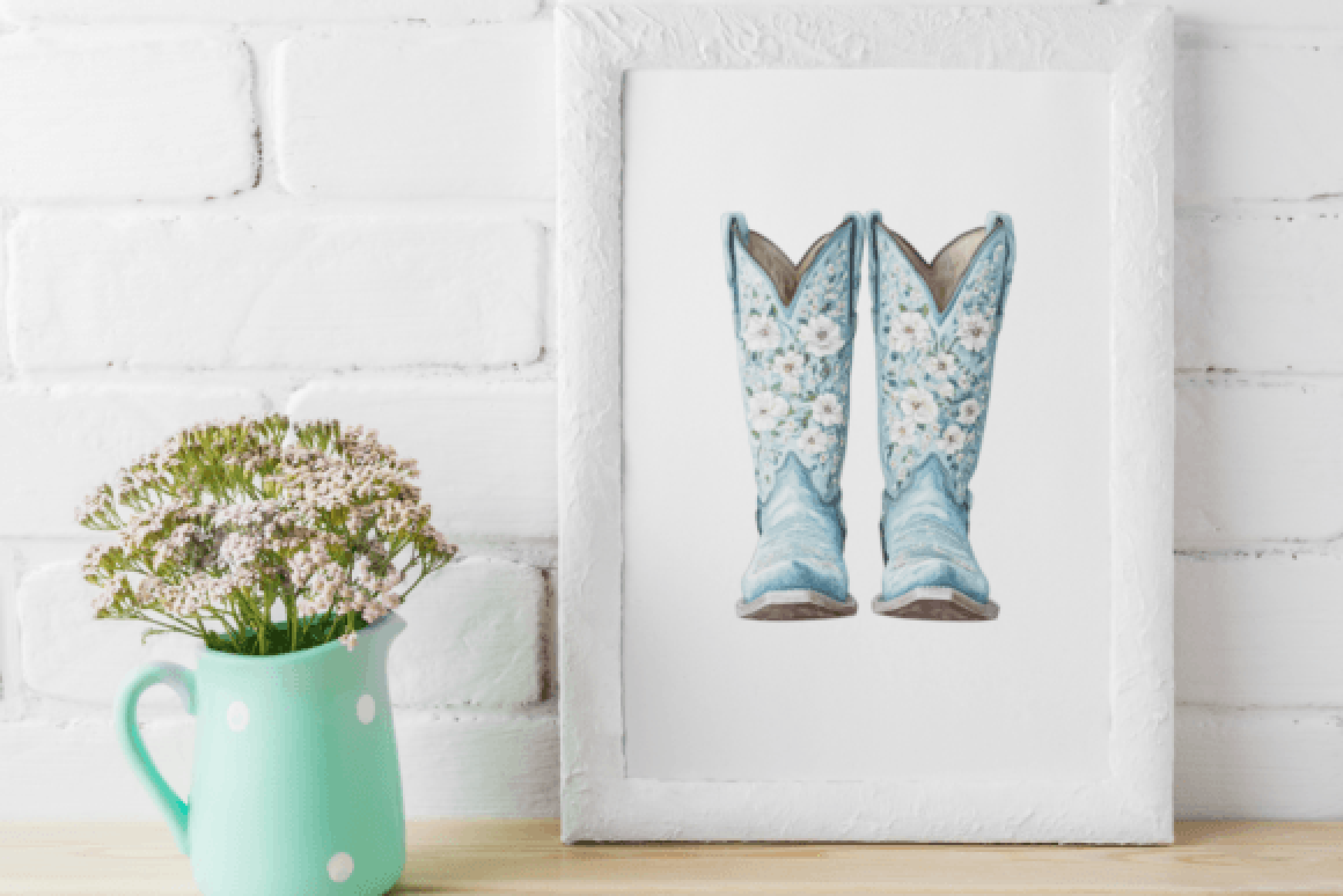 Blue & White Floral Western Boots Clipart Bundle