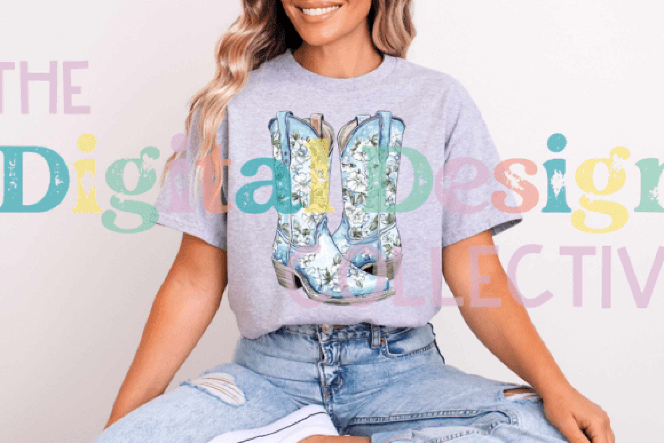 Blue Floral Cowgirl Boot Clipart Bundle