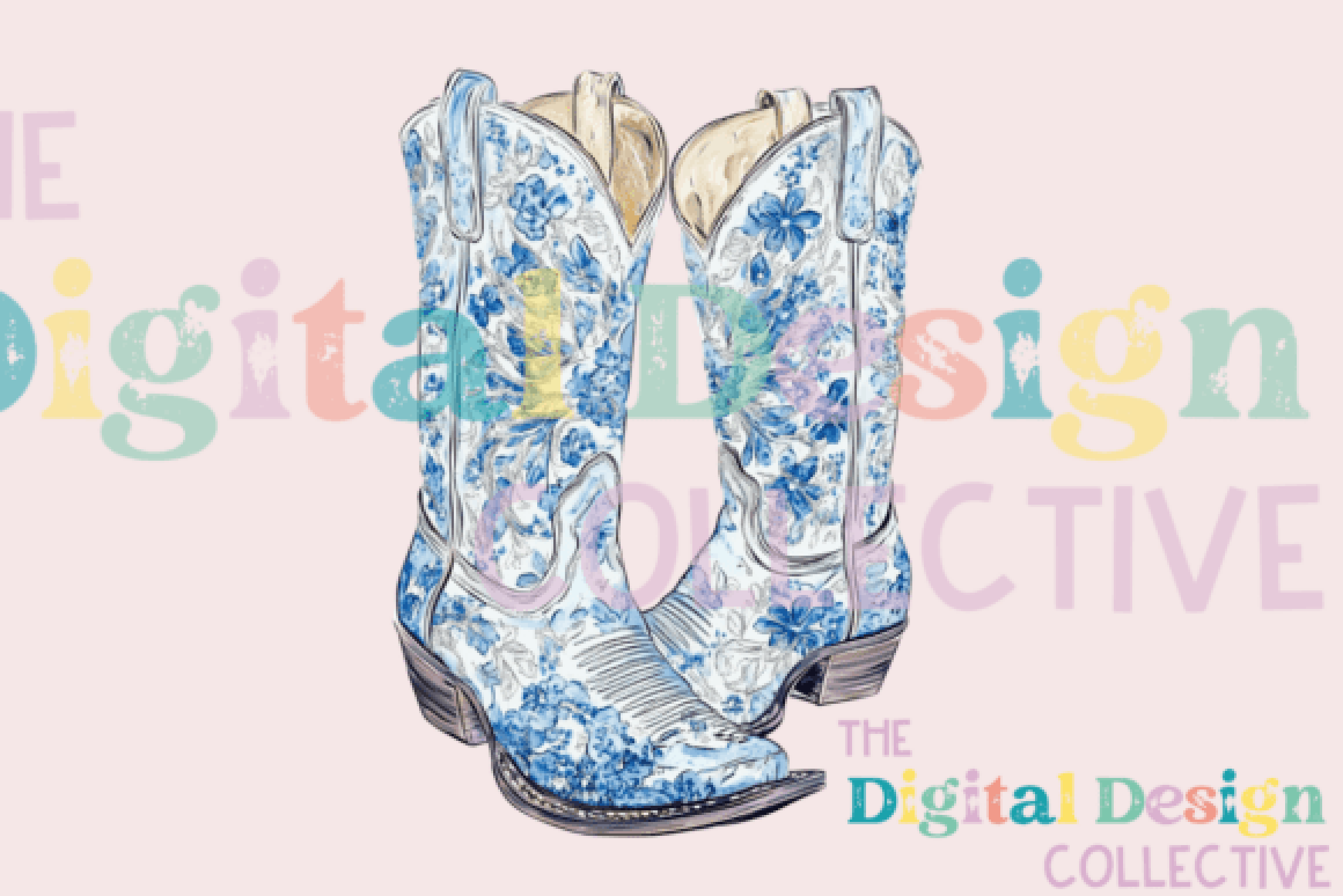 Blue Floral Cowgirl Boot Clipart Bundle
