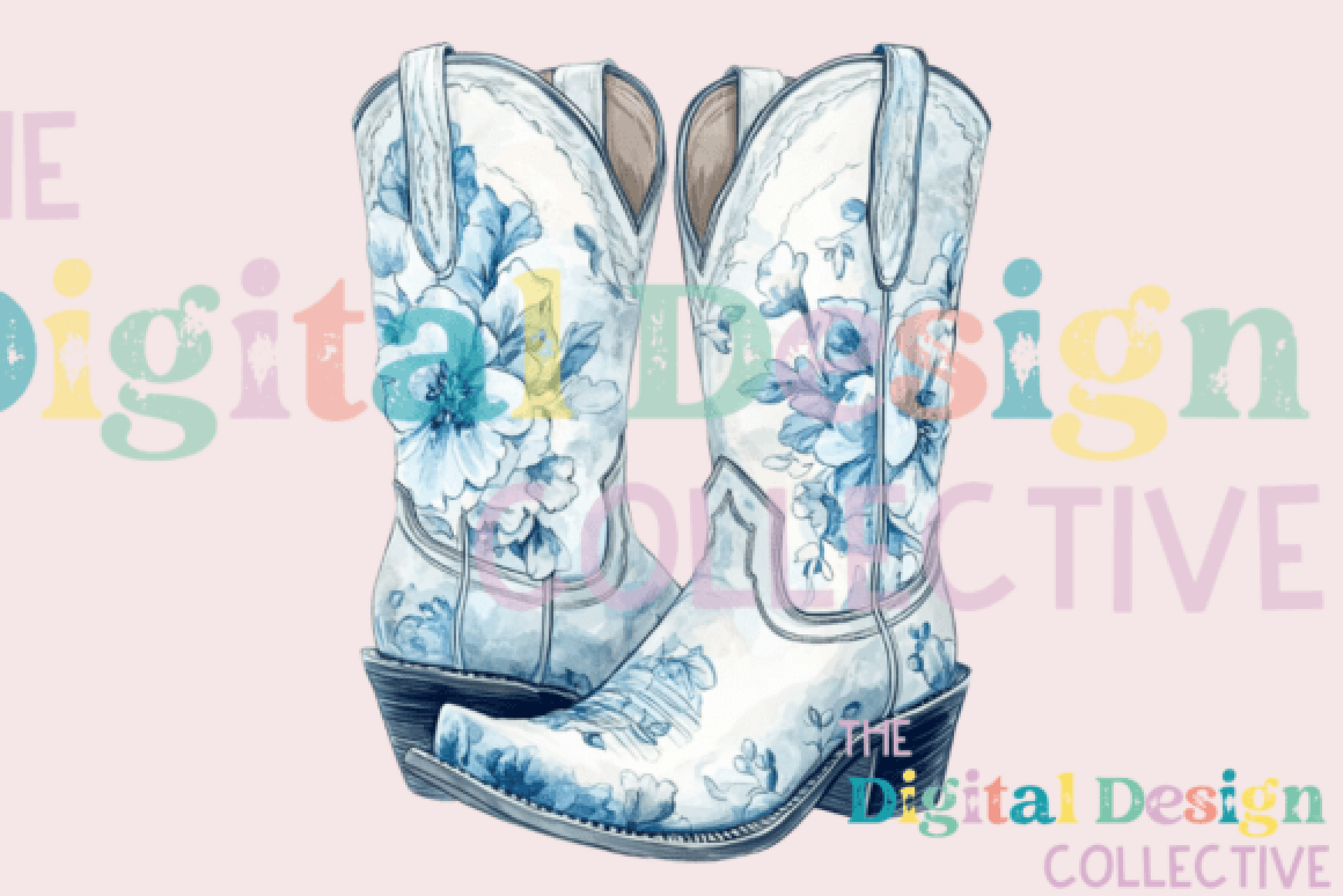 Blue Floral Cowgirl Boot Clipart Bundle