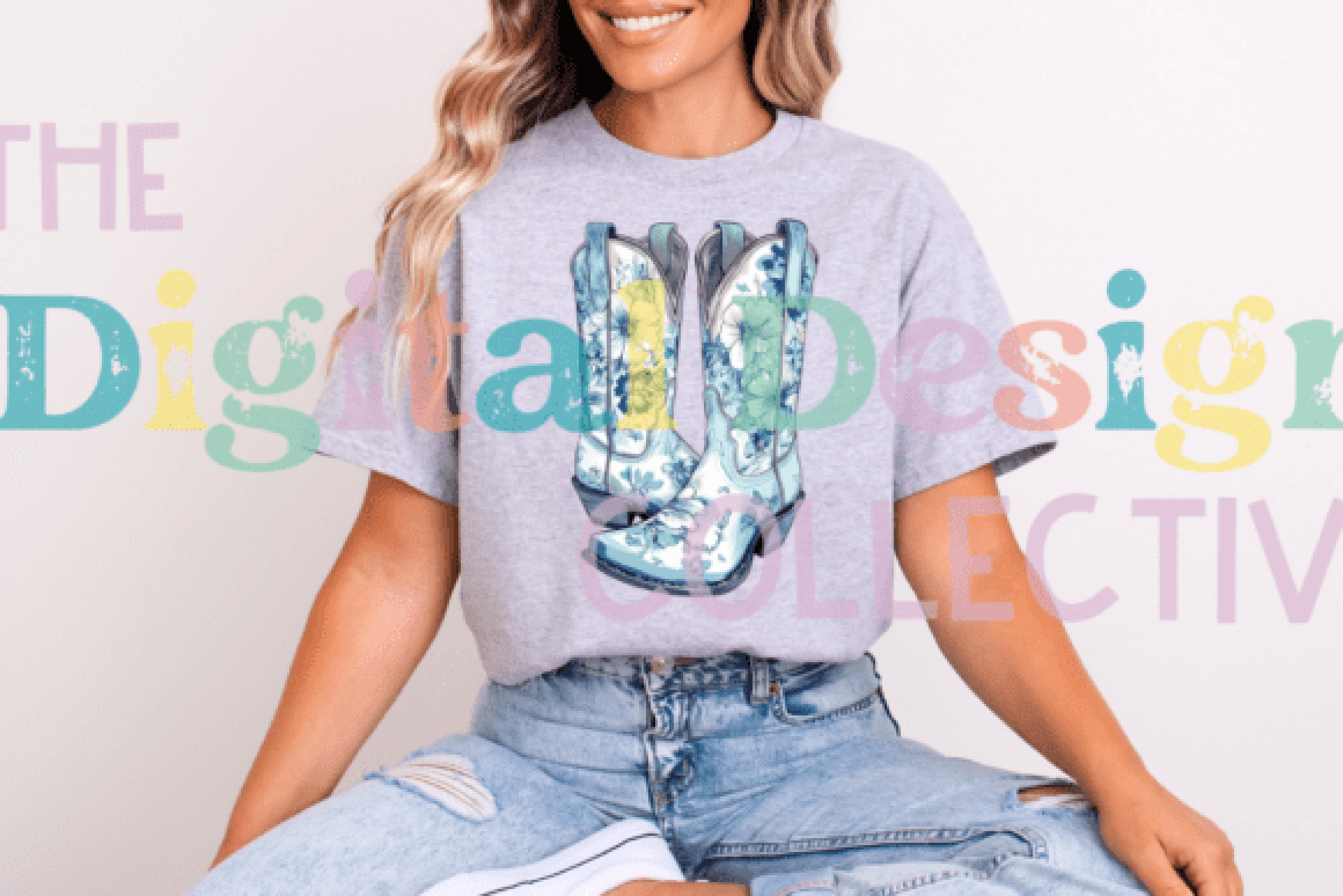 Blue Floral Cowgirl Boot Clipart Bundle