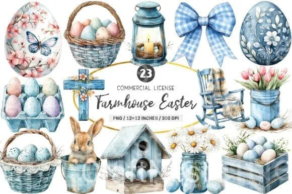 Blue Country Farmhouse Easter Clipart Bundle - CraftNest - Digital Crafting and Art