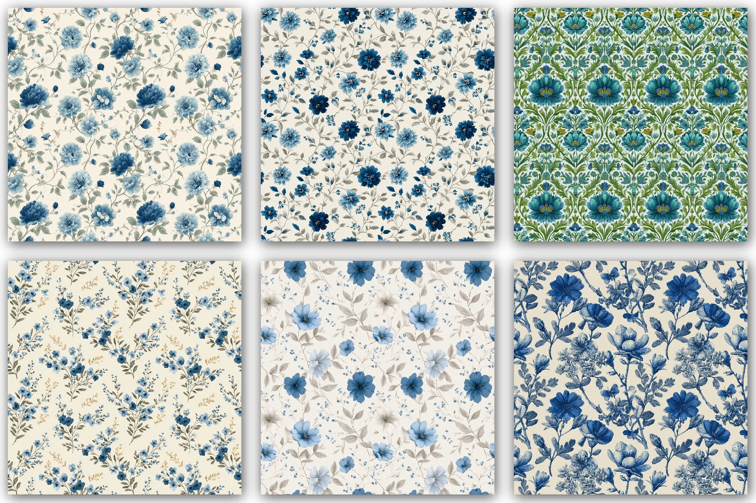 Blue & Green Vintage Floral Patterns Clipart Bundle