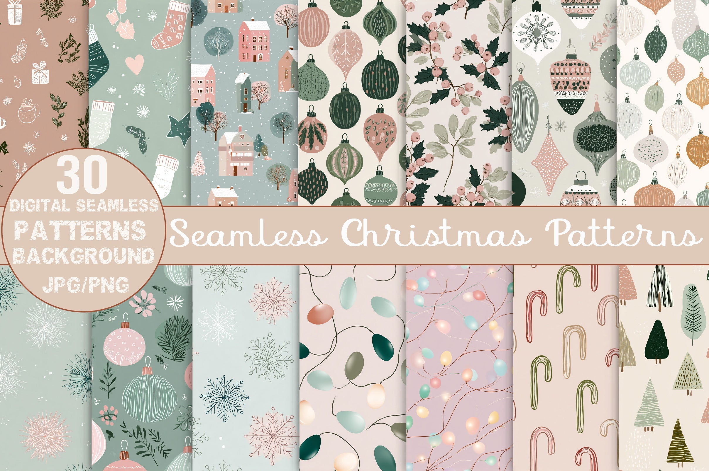 Blush Sage Seamless Christmas Patterns Digital Paper