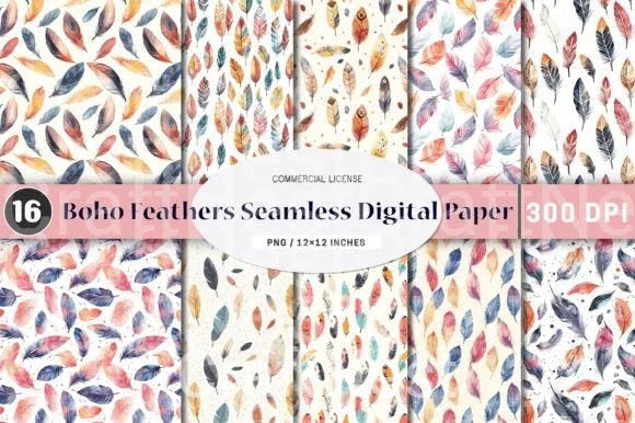 Boho Feathers Seamless Digital Papers - CraftNest - Digital Crafting and Art