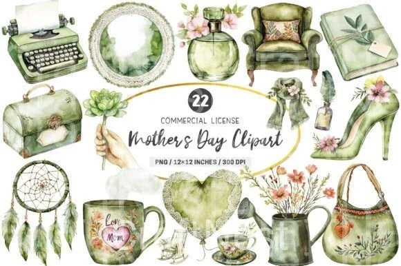 Boho Olive Green Mother's Day Clipart Bundle - CraftNest - Digital Crafting and Art