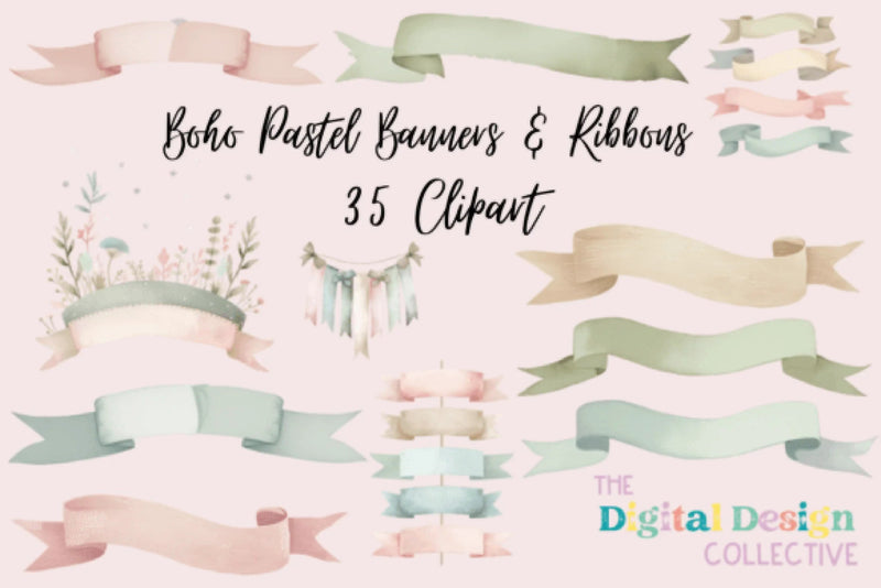 Boho Spring Pastel Banners & Ribbons Clipart Bundle - CraftNest - Digital Crafting and Art