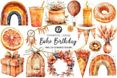 Boho Burnt Orange Birthday Clipart Bundle - CraftNest - Digital Crafting and Art