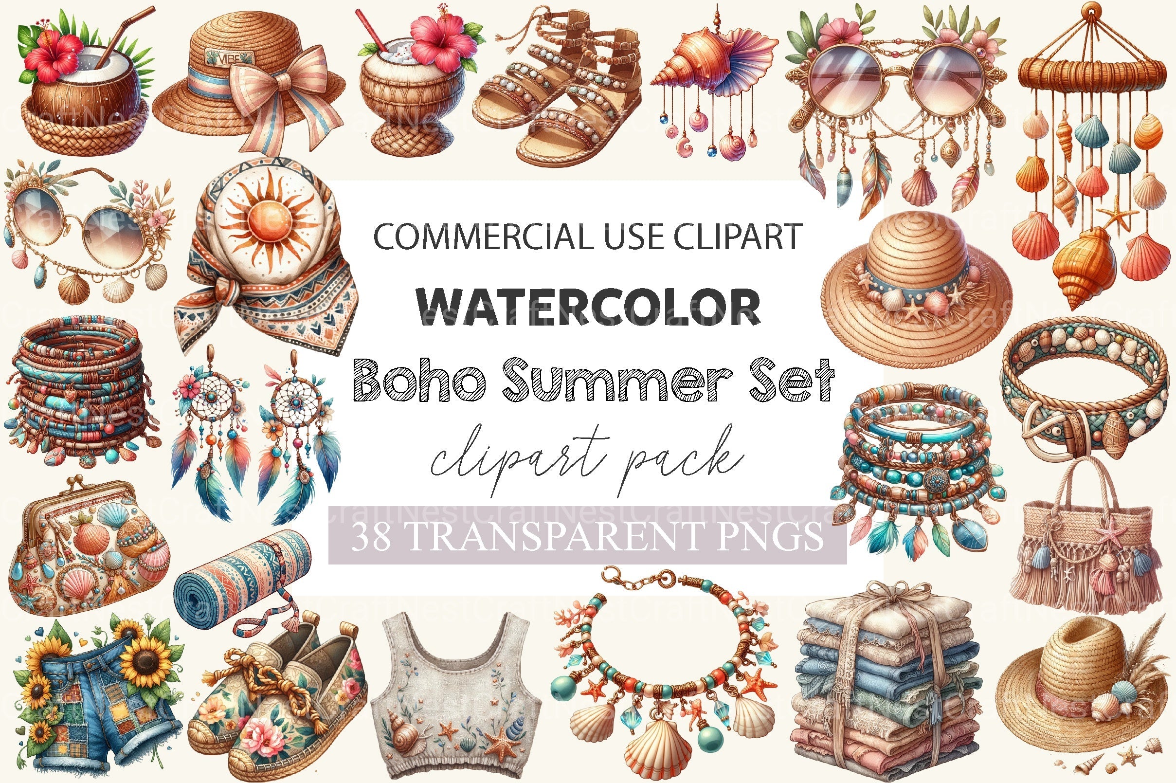 Boho Summer Fashion Coastal Set Clipart Bundle