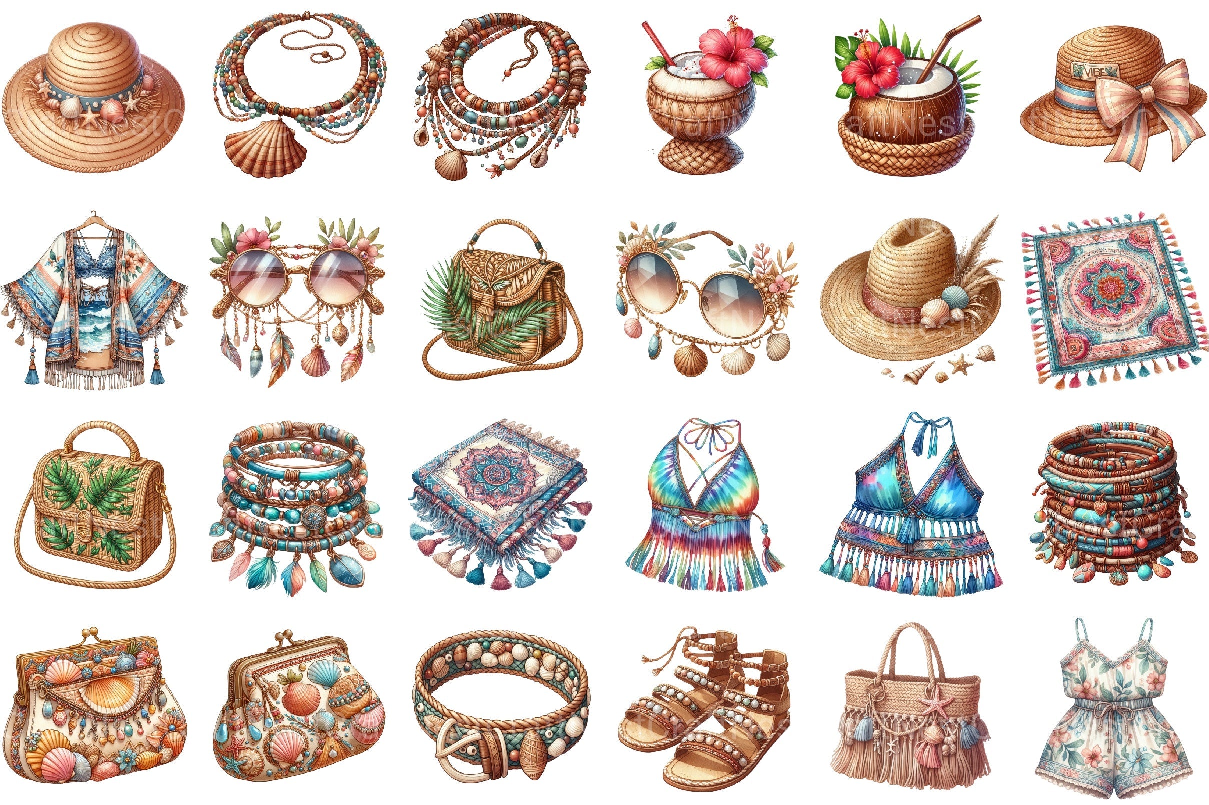 Boho Summer Fashion Coastal Set Clipart Bundle