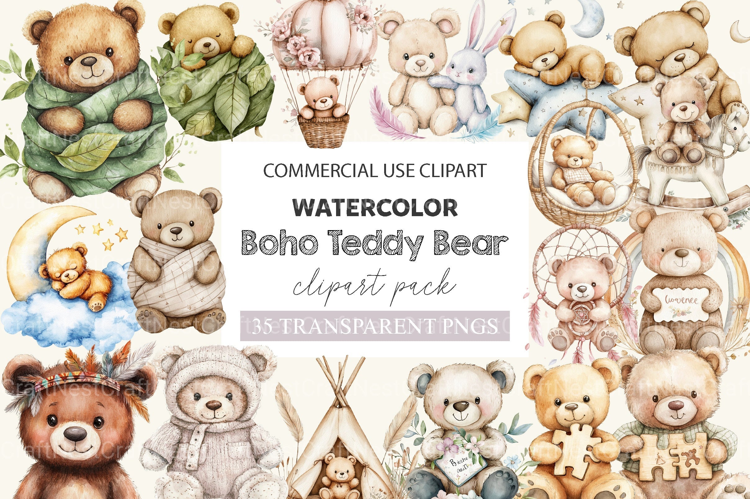 Boho Teddy Bear Baby Clipart Bundle