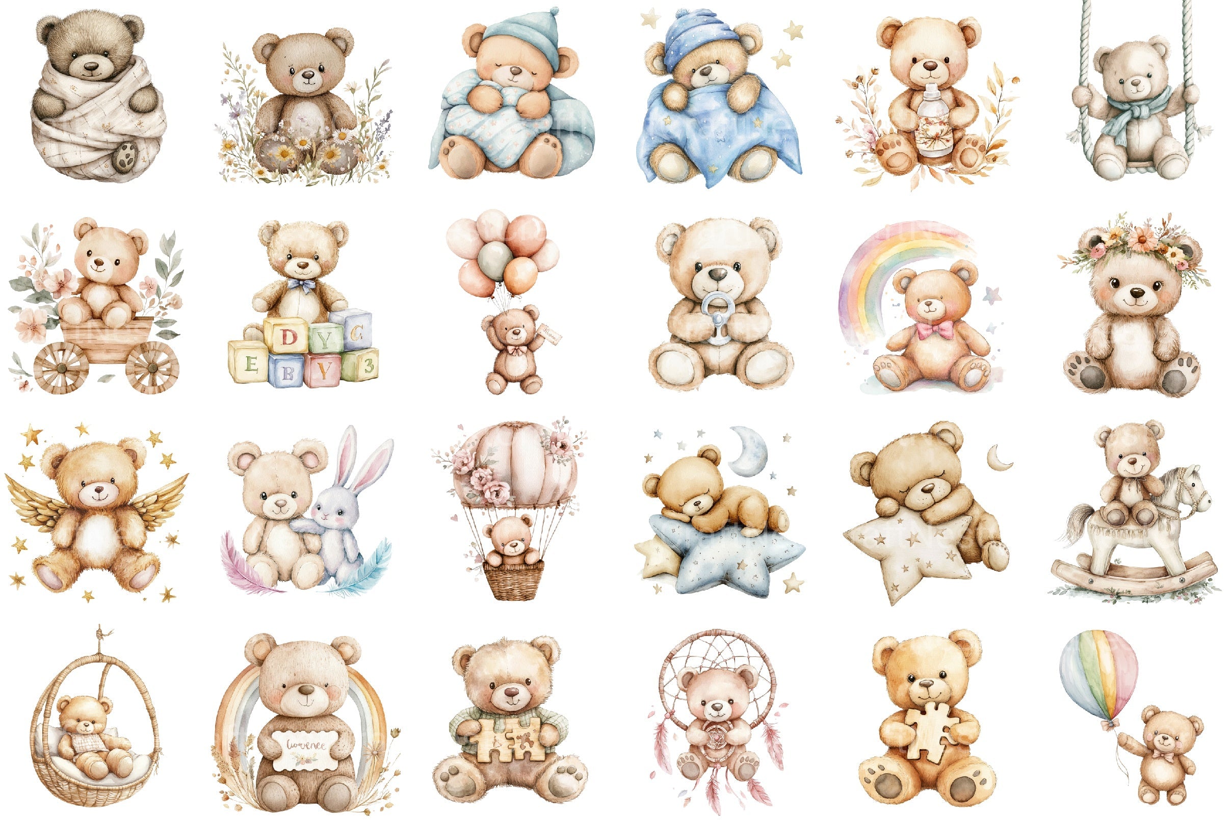 Boho Teddy Bear Baby Clipart Bundle