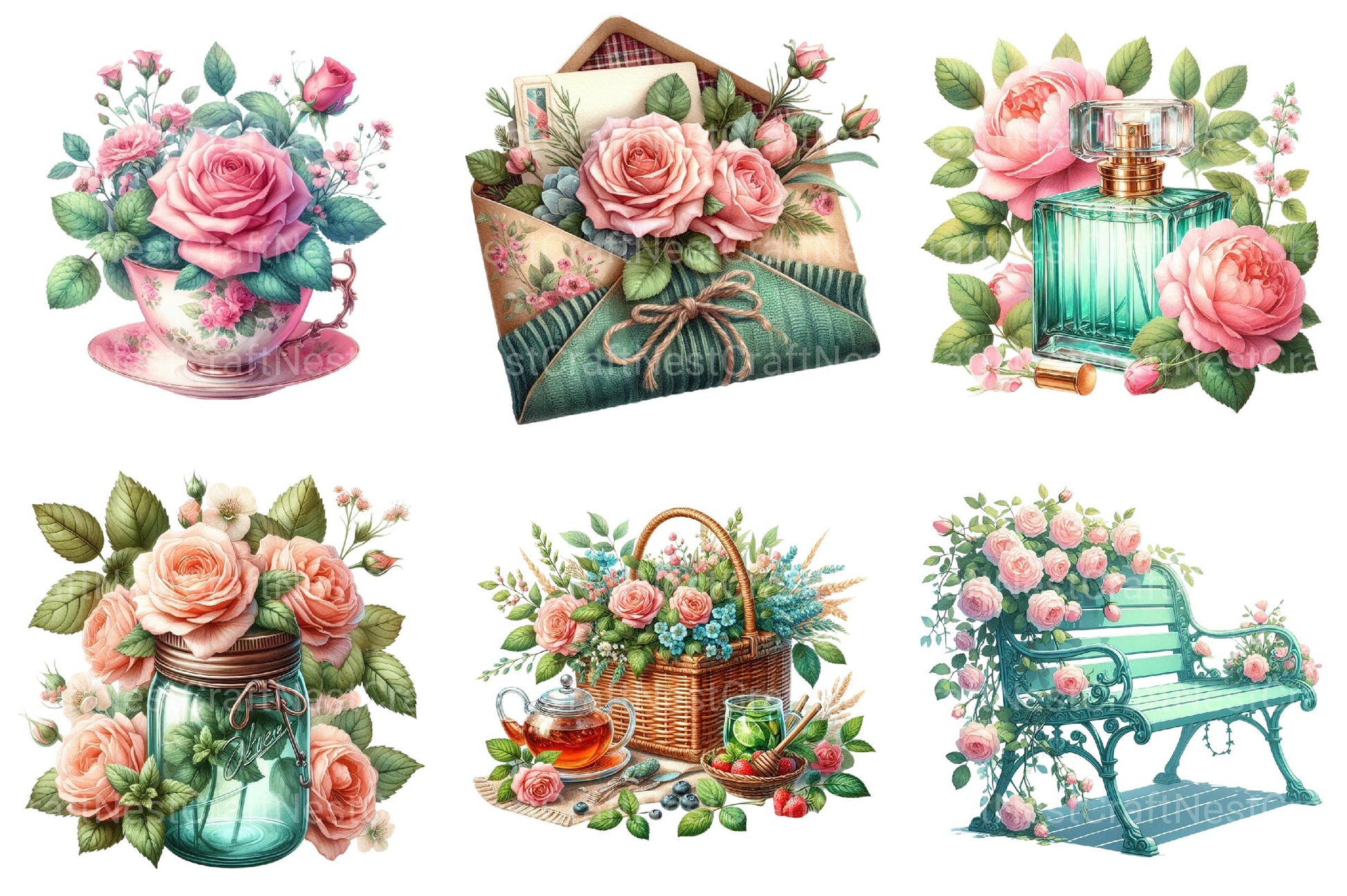 Mint and Pink Rose Garden Clipart - CraftNest - Digital Crafting and Art