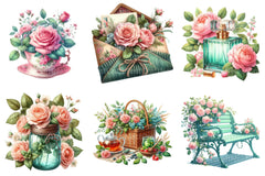 Mint and Pink Rose Garden Clipart - CraftNest - Digital Crafting and Art