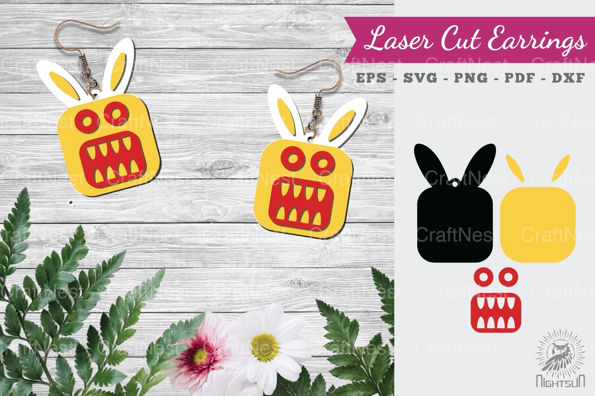 Bunny Monster Laser Cut Earrings Design - CraftNest - Digital Crafting and Art