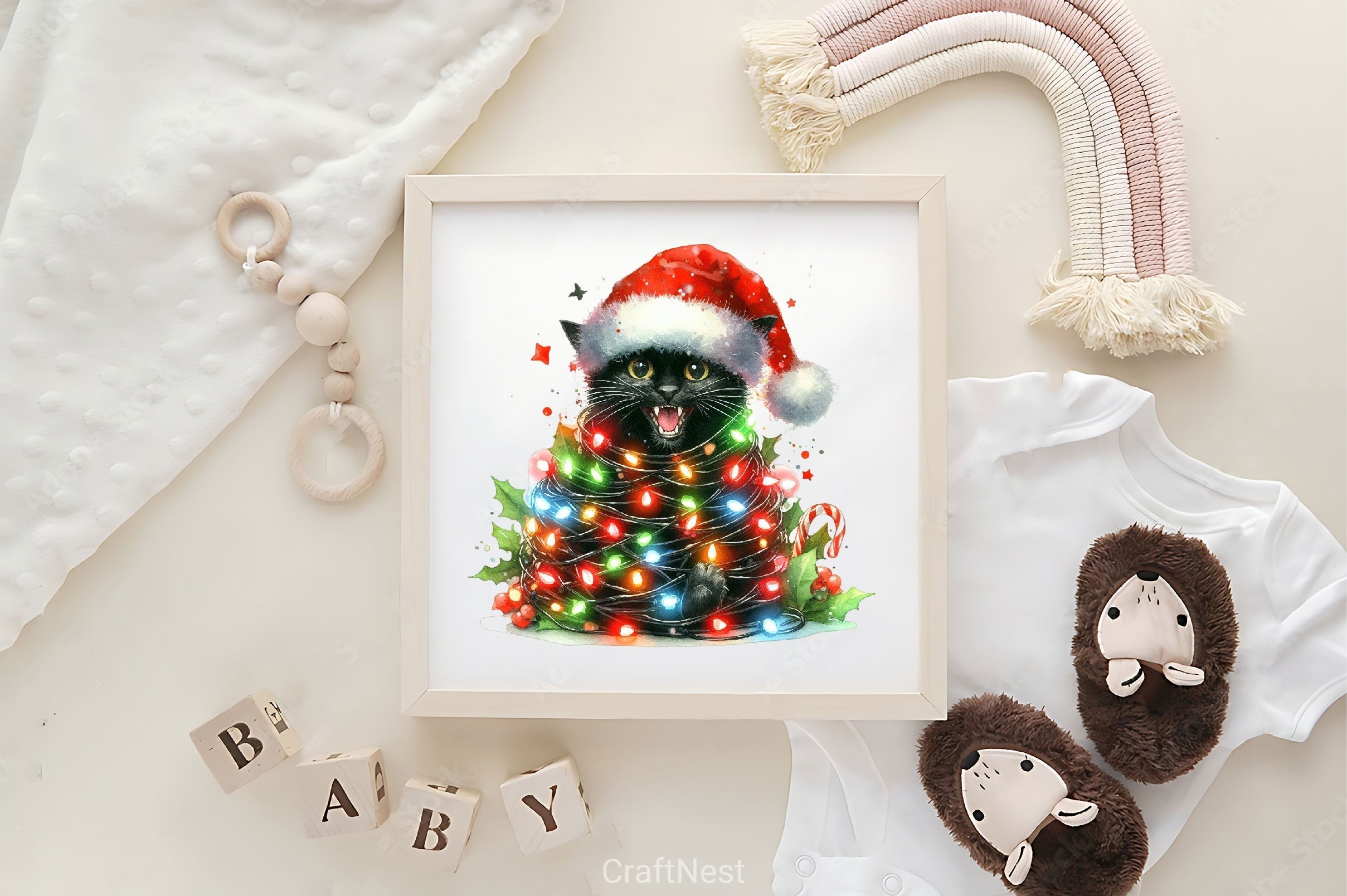 Black Cat Wrapped In Christmas Lights Clipart Bundle
