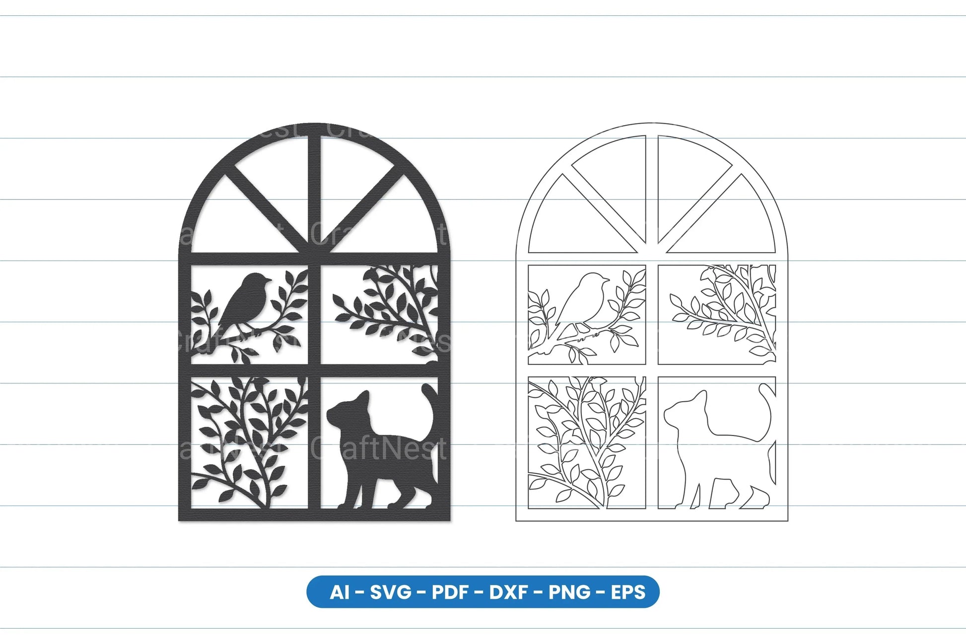 Cat and Bird Window Scene Laser Cut SVG Bundle - CraftNest - Digital Crafting and Art