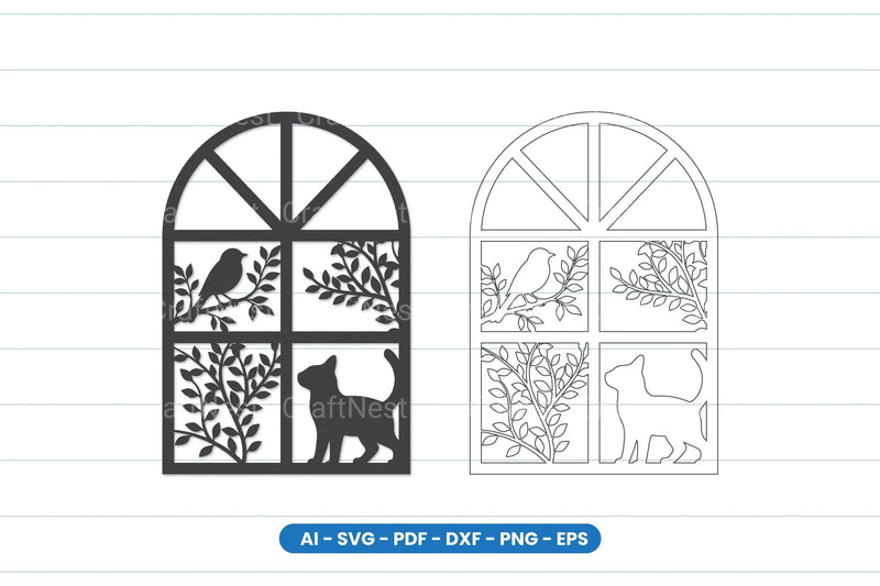 Cat and Bird Window Scene Laser Cut SVG Bundle - CraftNest - Digital Crafting and Art