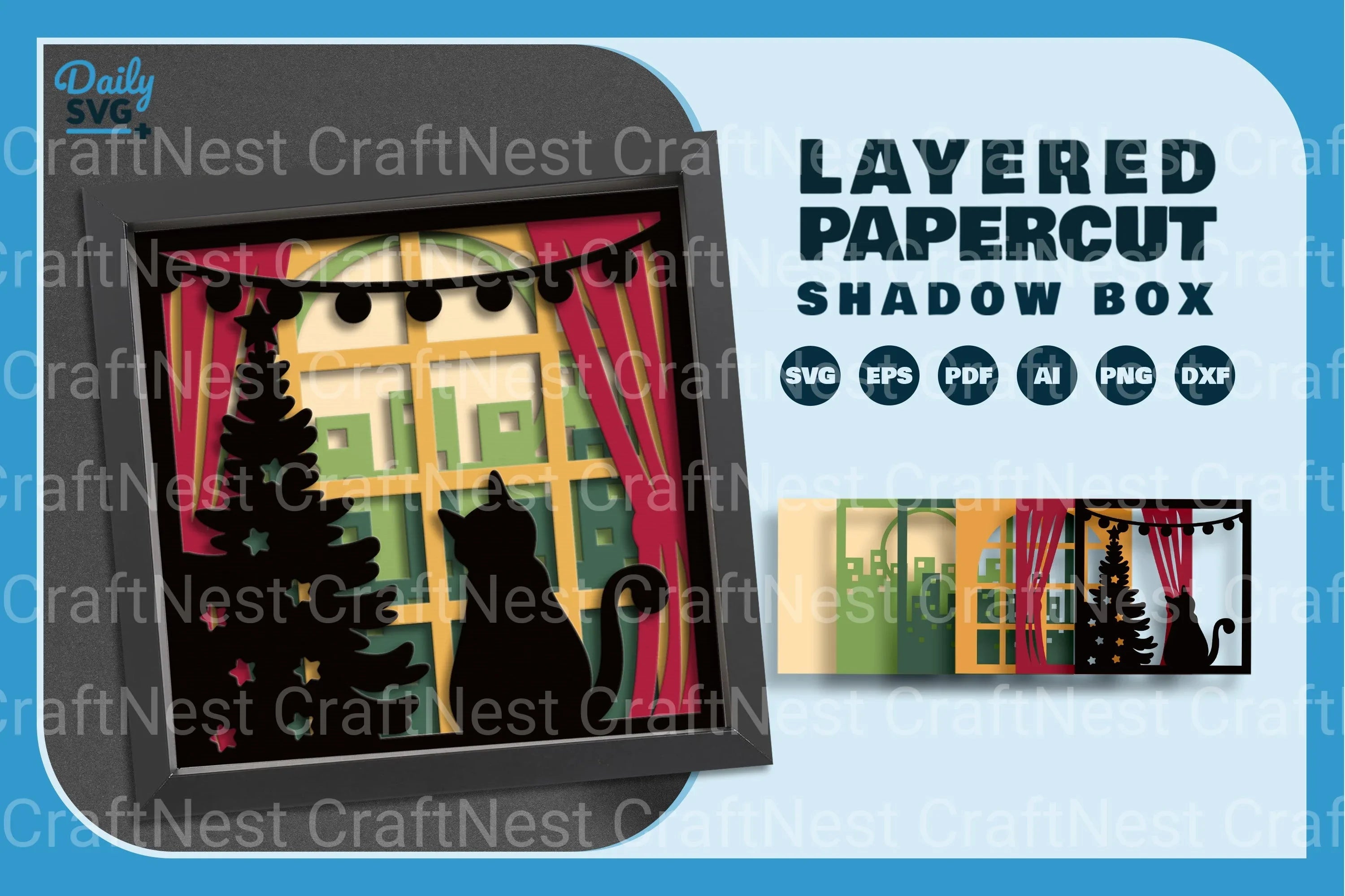 Cat on Window with City View Papercut SVG Bundle