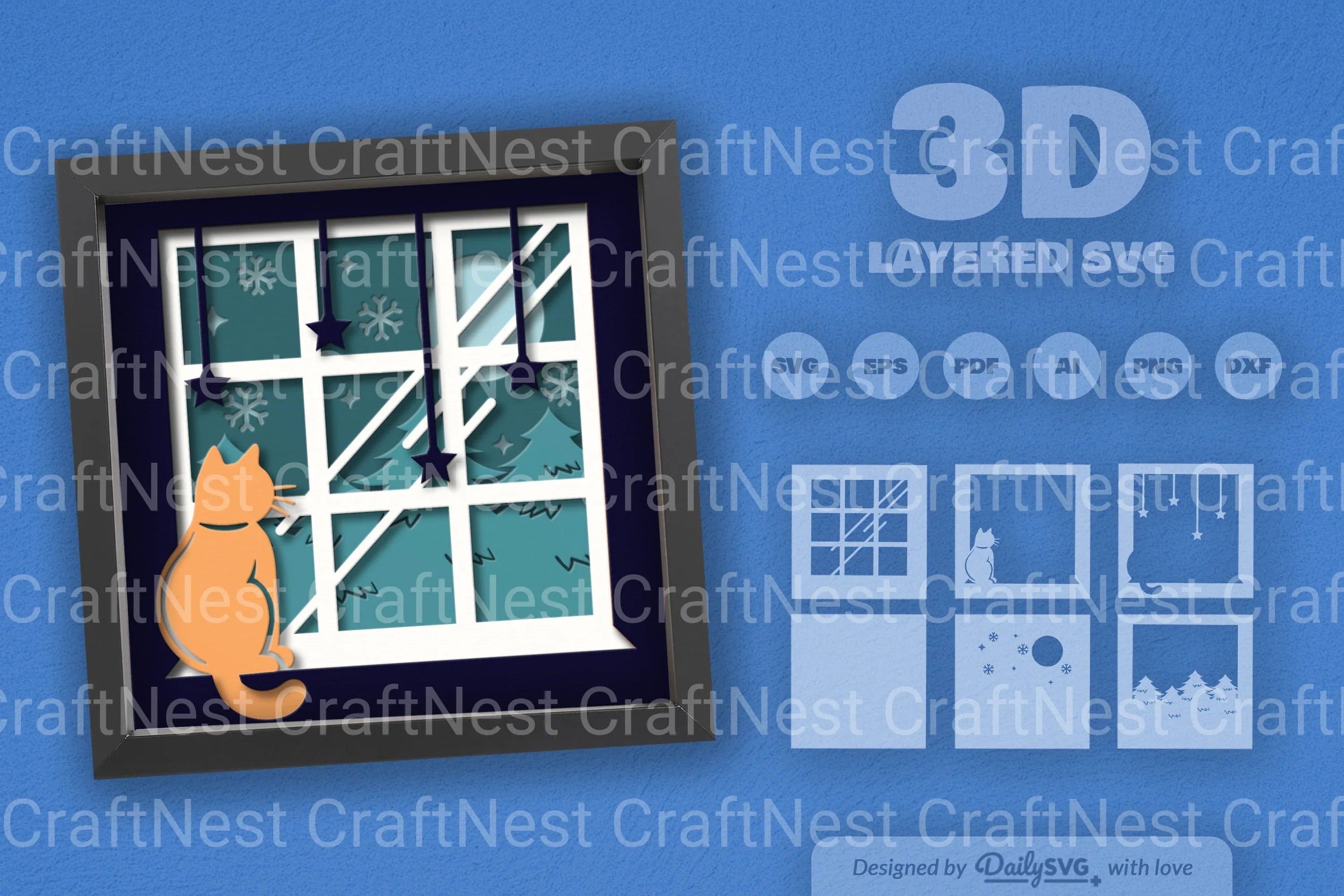 Winter Cat on Window Papercut SVG Bundle